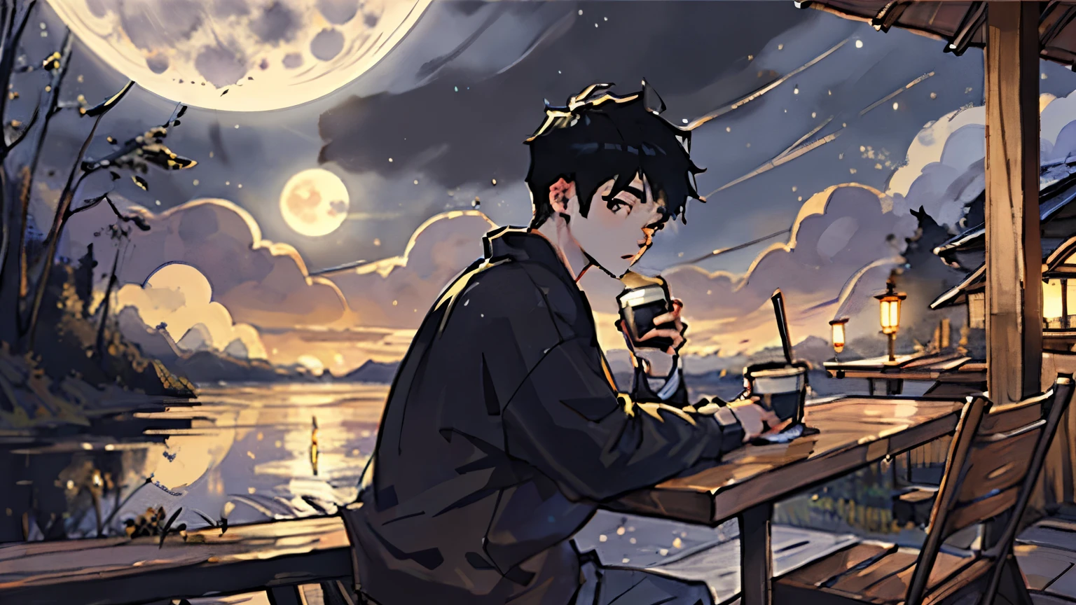A Boy is enjoying the evening behind the full moon by drinking coffee