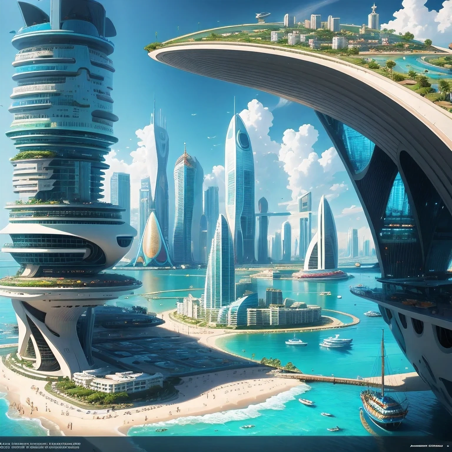 arafed city on a beach with a boat in the water, futuristic utopian city, futuristic architecture concept, tropical coastal city, downtown solarpunk utopia, landscape of a future city, beautiful city of the future, city of the future in russia, russian city of the future, otherwordly futuristic city, vincent callebaut composition, futuristic utopian metropolis