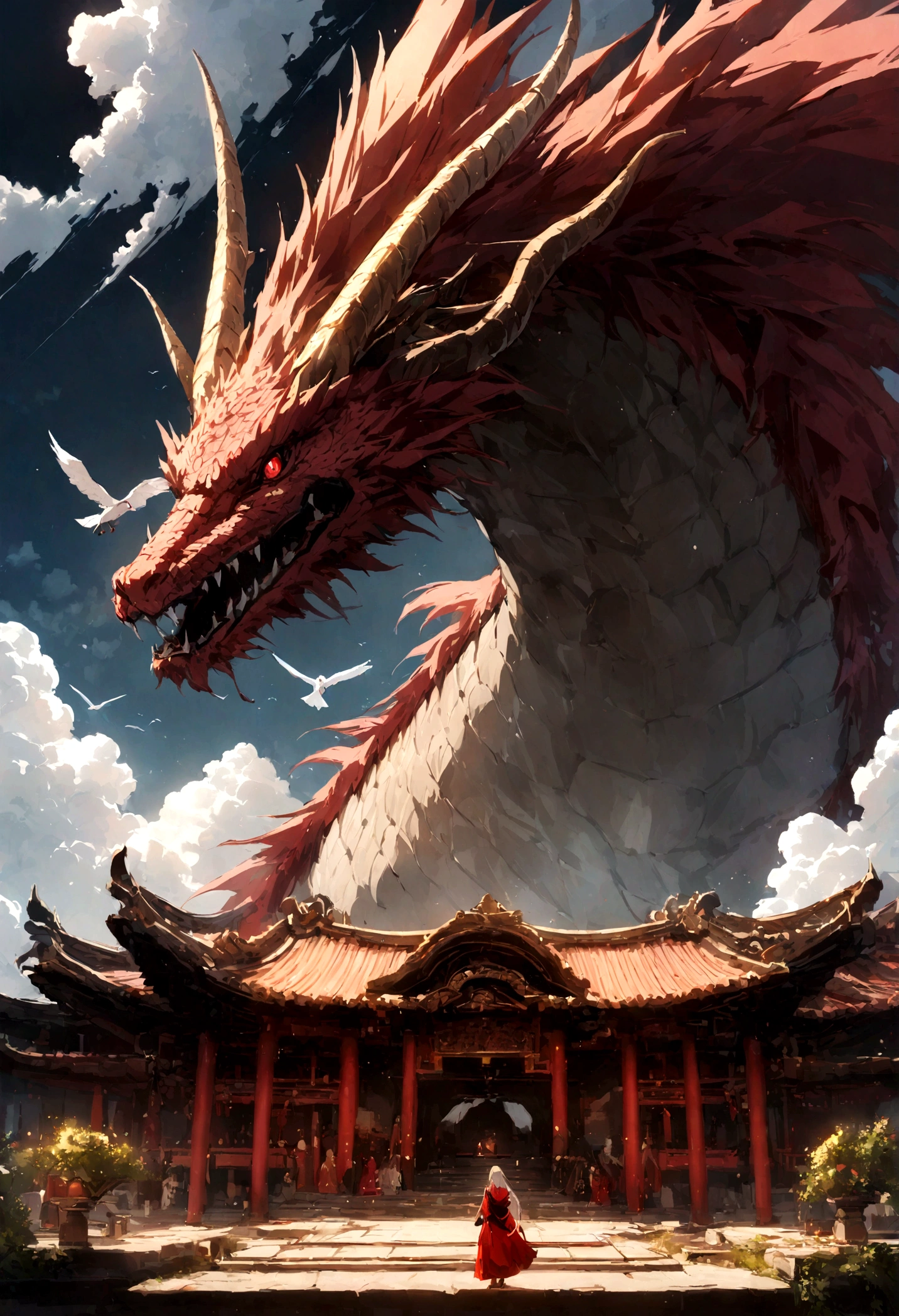 Create a digital artwork that captures a majestic red Chinese dragon soaring above a temple situated on a mountain. The temple features intricate architecture, with ornate roofs and detailed carvings, surrounded by lush trees and rugged rocks. A winding staircase leads up to the temple, and a solitary man is seen walking up the stairs, his form small in comparison to the grandeur of the scene.
The dragon, colossal in size, has a serpentine body that is visible in its entirety, revealing its majestic red scales. It has three antler-like horns on each side of its head, adding to its regal appearance. The dragon’s face is in sharp focus, displaying intricate scales and piercing eyes that gazeCreate a digital artwork that captures a majestic red Chinese dragon soaring above a temple situated on a mountain. The temple features intricate architecture, with ornate roofs and detailed carvings, surrounded by lush trees and rugged rocks. A winding staircase leads up to the temple, and a solitary man is seen walking up the stairs, his form small in comparison to the grandeur of the scene.
The dragon, colossal in size, has a serpentine body that is visible in its entirety, revealing its majestic red scales. It has three antler-like horns on each side of its head, adding to its regal appearance. The dragon’s face is in sharp focus, displaying intricate scales and piercing eyes that gaze down at the man below. The texture of its skin should be hyper-detailed, capturing the realism of each scale and the subtle nuances of its expression.
The overall scene should be rendered in super-realistic, hyper-detailed 4k and 8k resolution, emphasizing the fine details of the dragon’s face, the temple, and the natural surroundings. The atmosphere should evoke a sense of awe and wonder, highlighting the ancient and mystical essence of the dragon as a guardian of the mountain temple.undefined, undefined, undefined, undefined, undefined, undefined, undefined, undefined, undefined, undefined,
