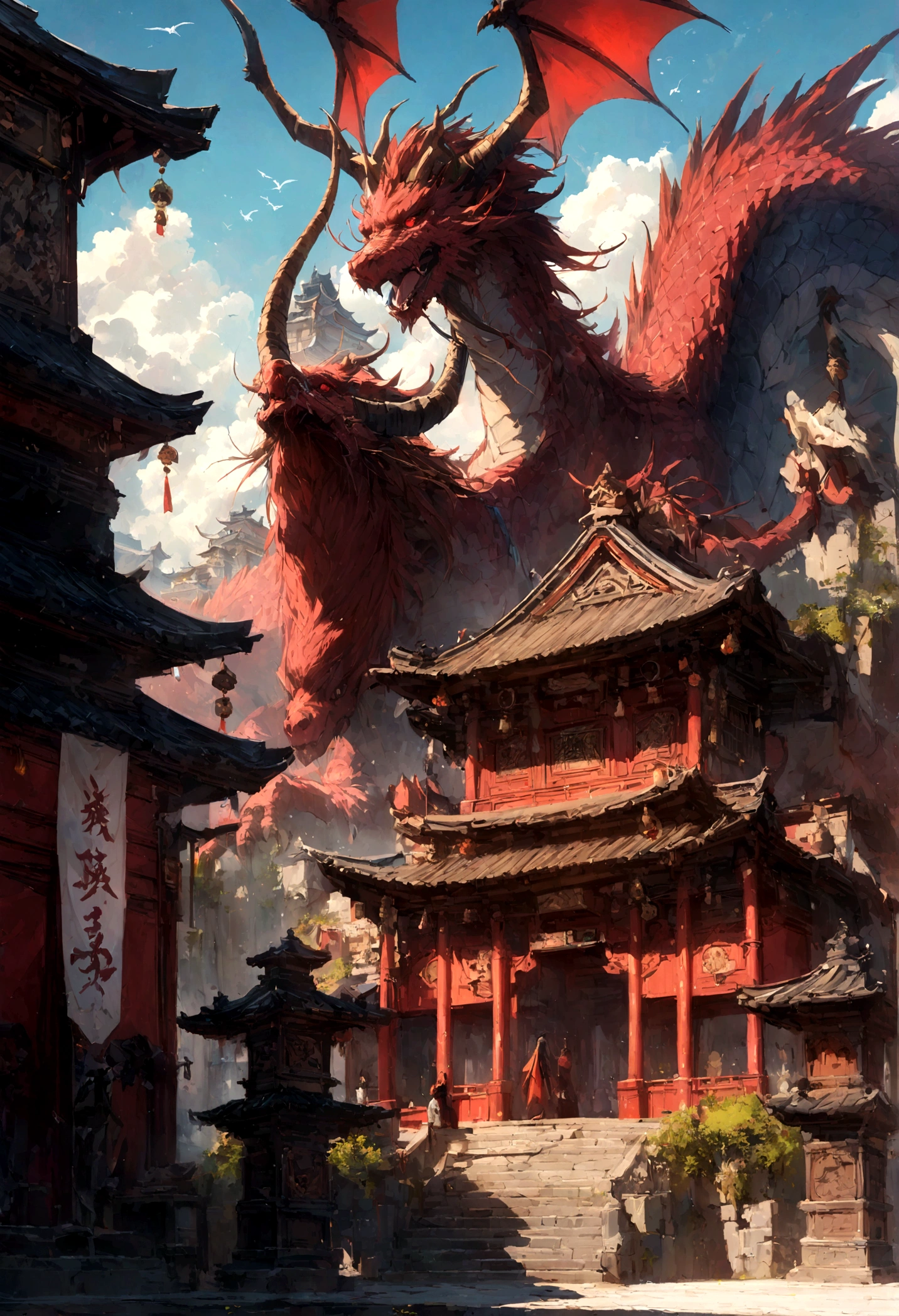 BJ_Sacred_bEast,red_eye,Outdoor,horn,null,cloud,no_human,bird,cloudy_null,scenery,stage,Fantasy,Dragon,architecture,East_Asian_architecture,Eastern_Dragon,Cinema Lighting,Strong contrast,High level of detail,highest quality,masterpiece(ホワイトDragon:1.5)