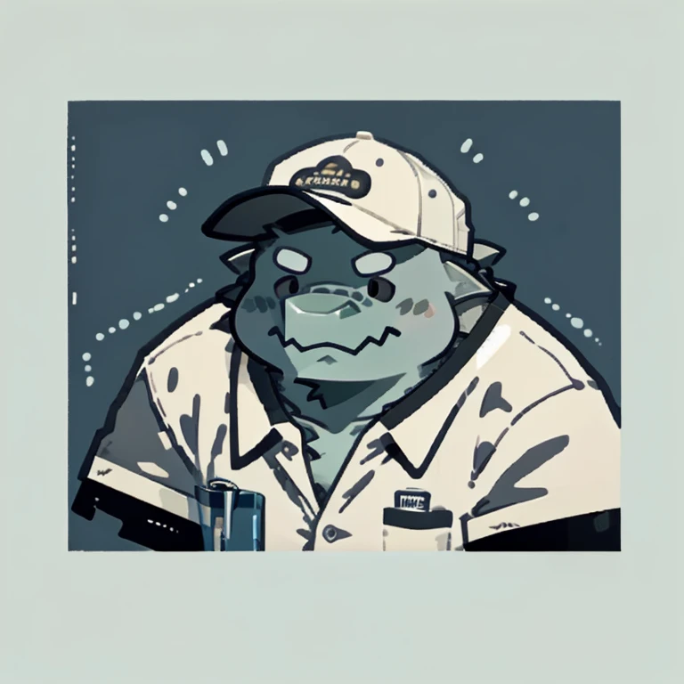 dagon face,Cute face,Humanity(dagon), (White short sleeve:1.3), (with cap), (janitor), (round face), Chubby,(white eyebrows:1.1),(Upper body naked:1.2),(perfect black eyes),Simple background, Blue Background,print style。(Artist:Takemoto Arashi