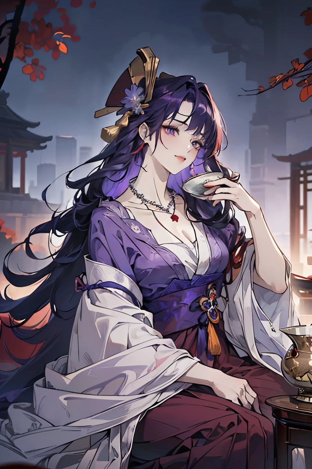 Best quality at best, Ultra-high resolution, (((1 girl))), ((((perfect anatomy)))), (Long purple hair), (violet eyes), (Chinese clothes), (((Red Flowers necklace around her neck))), (Ultra Long Skirt), Happy smile, Hanfu, Yarn, Flowing light yarn, jewelry, (focal), (((Colorful))), particle fx , tmasterpiece, Best quality at best, beautiful painted, meticuloso, highly detailed, (tmasterpiece, Best quality at best) CG unified 8K wallpaper,((sitting in a Chinese mansion)) ,(( holding a traditional chinese cup in his hand and drinks)), tmasterpiece,Best quality,ultra - detailed), Super HD picture quality