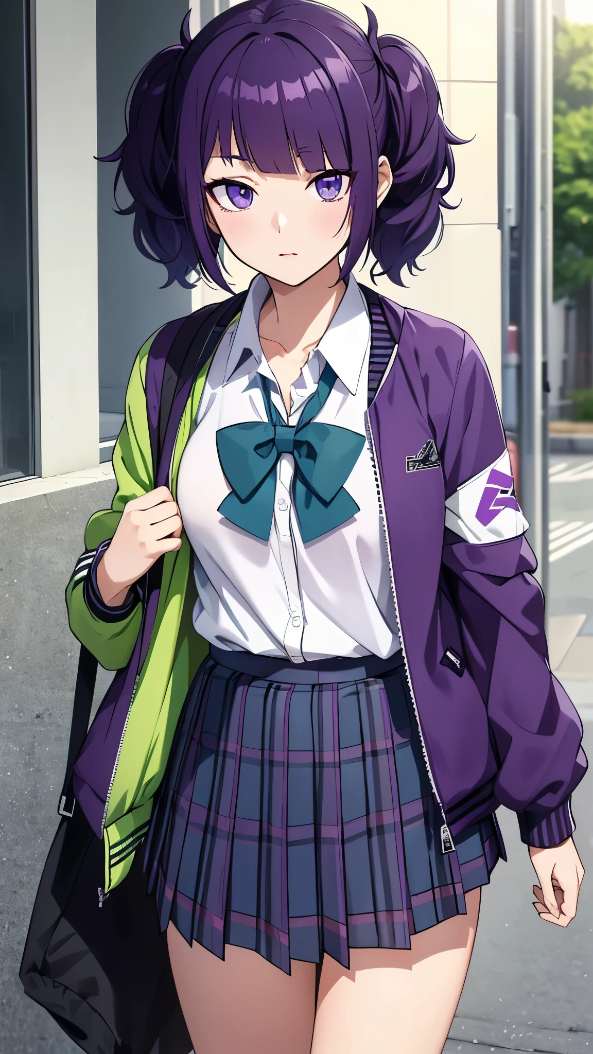 mamimi tanaka, asymmetrical bangs, blunt bangs, diagonal bangs, (purple eyes:1.1), purple hair, twintails, , jacket, green jacket, (jacket partially removed:1.5), shirt, collared shirt, white shirt, bow, blue bow, skirt, plaid, plaid skirt, pleated skirt, short skirt,blush、Skirt flipped up、Black Panties
