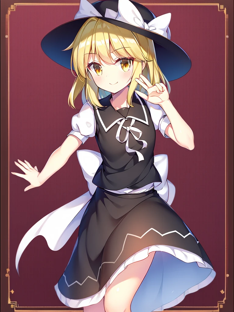 1girl, , , masterpiece, best quality, , medium blonde hair, forehead visible bags, yellow eyes, hat, heart, black headwear, puffy short sleeves, log black skirt, heart hads,,1girl, solo, yellow eyes, yellow hair, bow, hat bow, socks, black footwear, black skirt, short sleeves, yuki (touhou), black vest, white sleeves, frill skirt, light smile