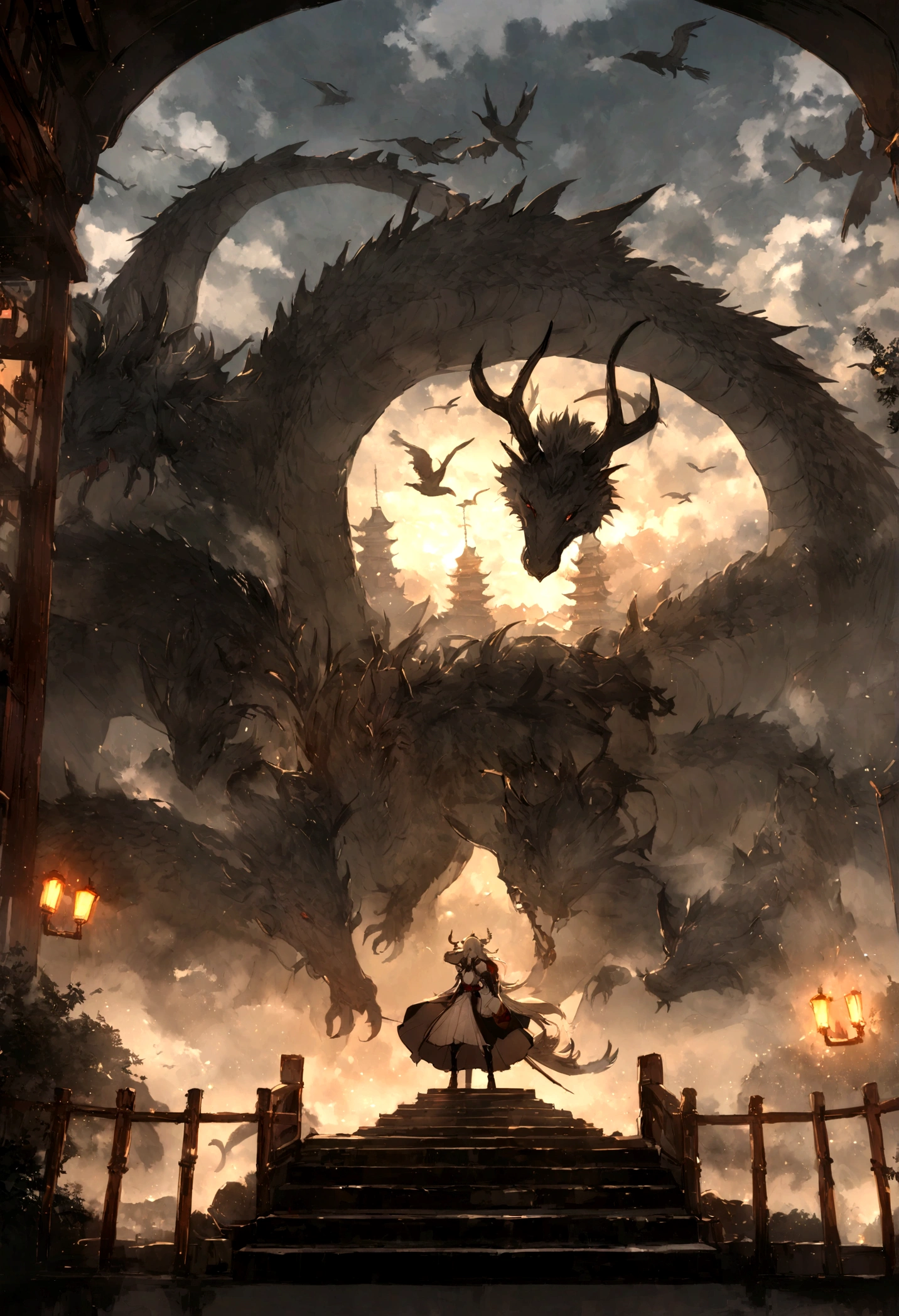 (albino),(少女とホワイトDragon:1.5),[BJ_Sac White_bEast,Chibaime,Outdoor,horn,null,cloud,no_human,bird,cloudy_null,scenery,stage,Fantasy,Dragon,architecture,East_Asian_architecture,Eastern_Dragon,Cinema Lighting,Strong contrast,High level of detail,highest quality,masterpiece(ホワイトDragon:1.5)