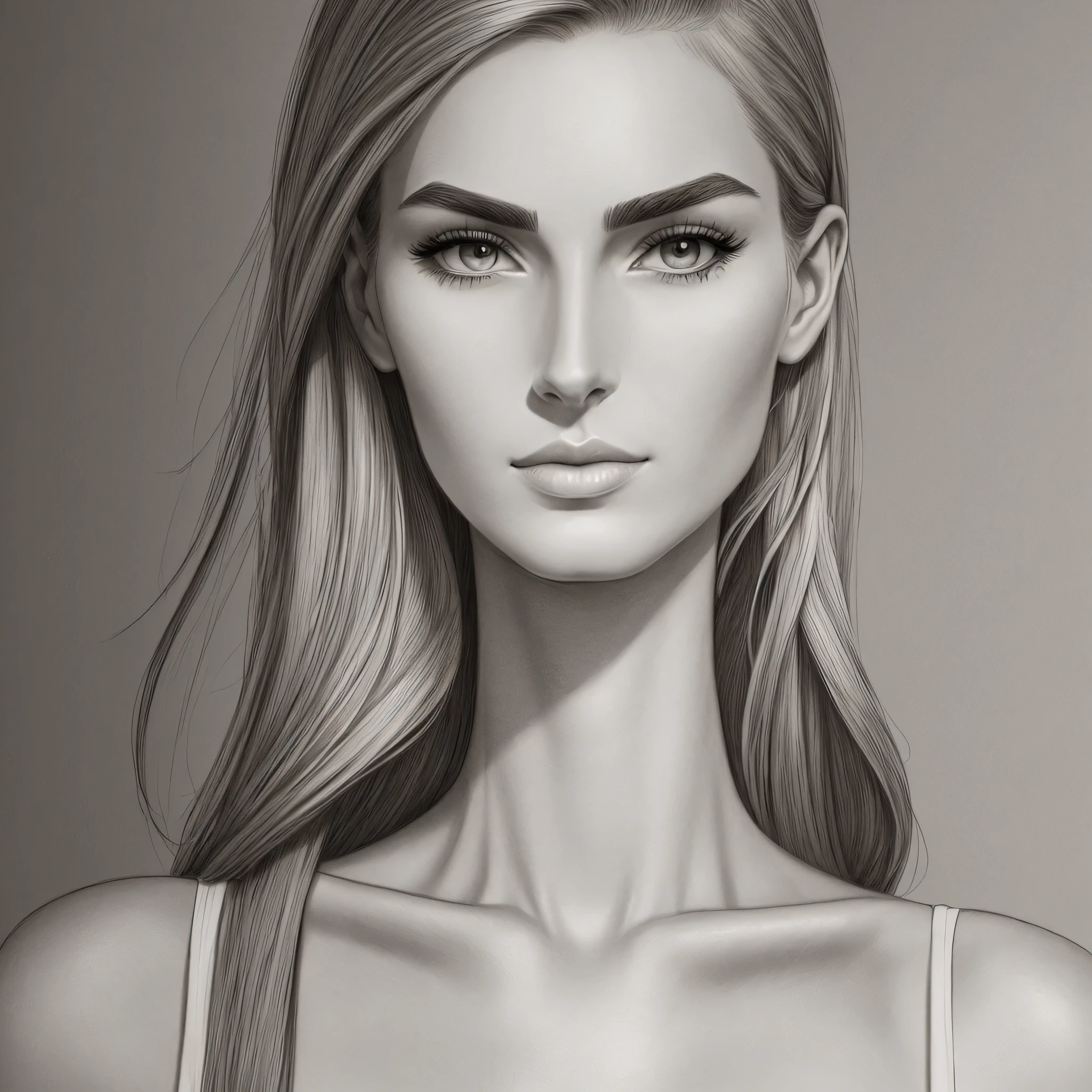 tall woman and thin, Arched eyebrow and pencil nose drawn