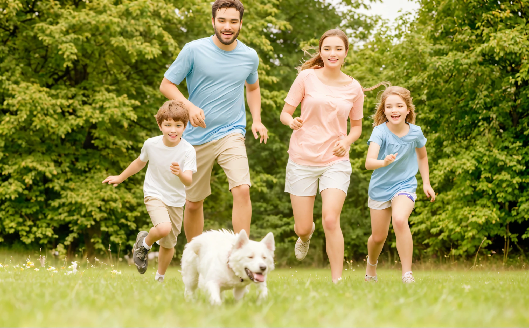 There are a group of people and a dog running on the grass, Family Play, Warm and convivial atmosphere, you can see in the picture, Firm gaze, aldult, guide, friendly, High resolution details,Lovely Features, photo, Attractive features, realistic lens,Ultra-high-definition picture quality，4k