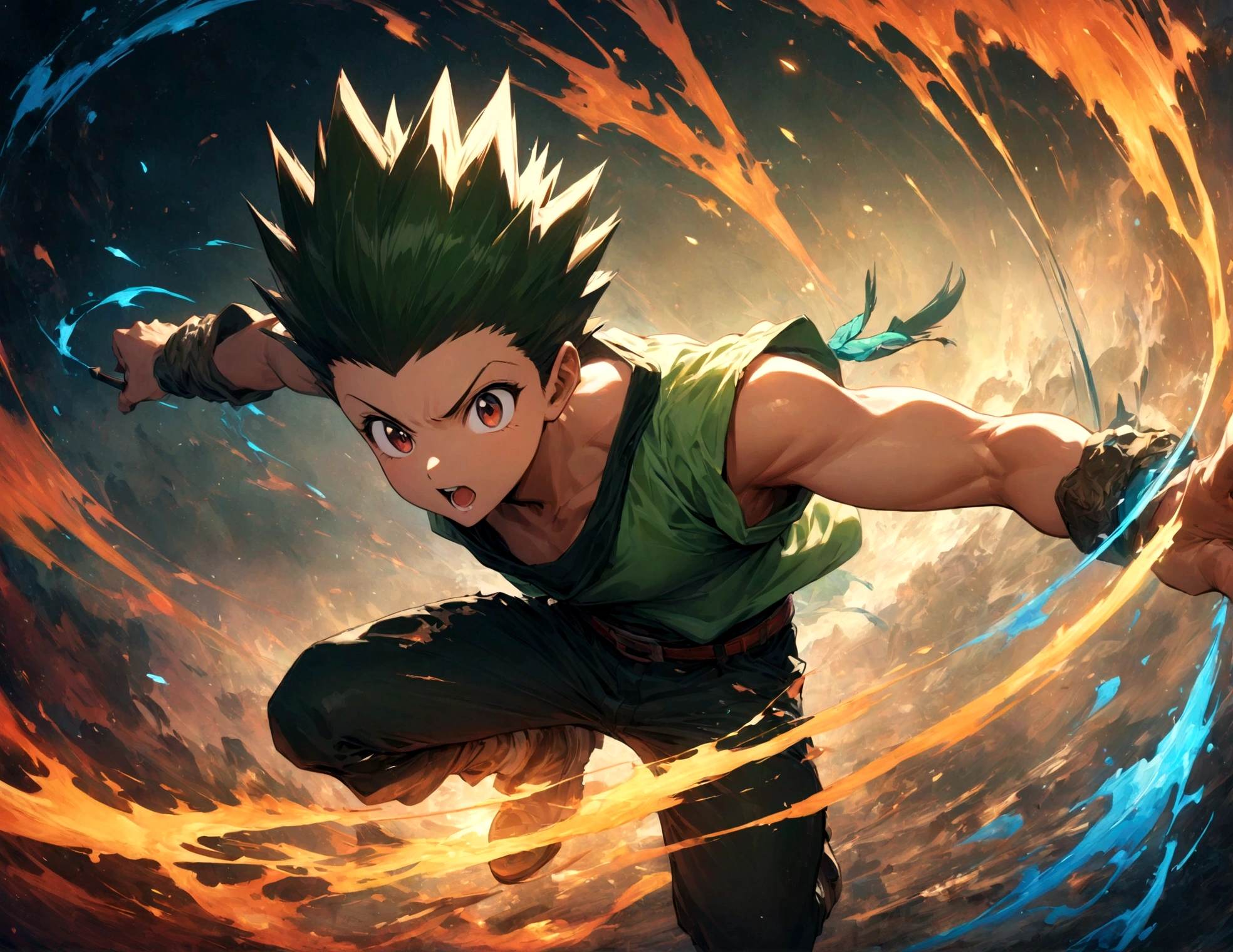 1 ager,Gon=Freaks,Hunter x Hunter,Gonの衣装,,Sui Ishida's painting style,Intricate details,,Decadent,artwork,rendering,Dynamic Pose,(masterpiece:1.3),(highest quality:1.4),(ultra detailed:1.5),High resolution,extremely detailed,unity 8k wallpaper,Dark fantasy,Brush strokes,Glare,Battle Style,