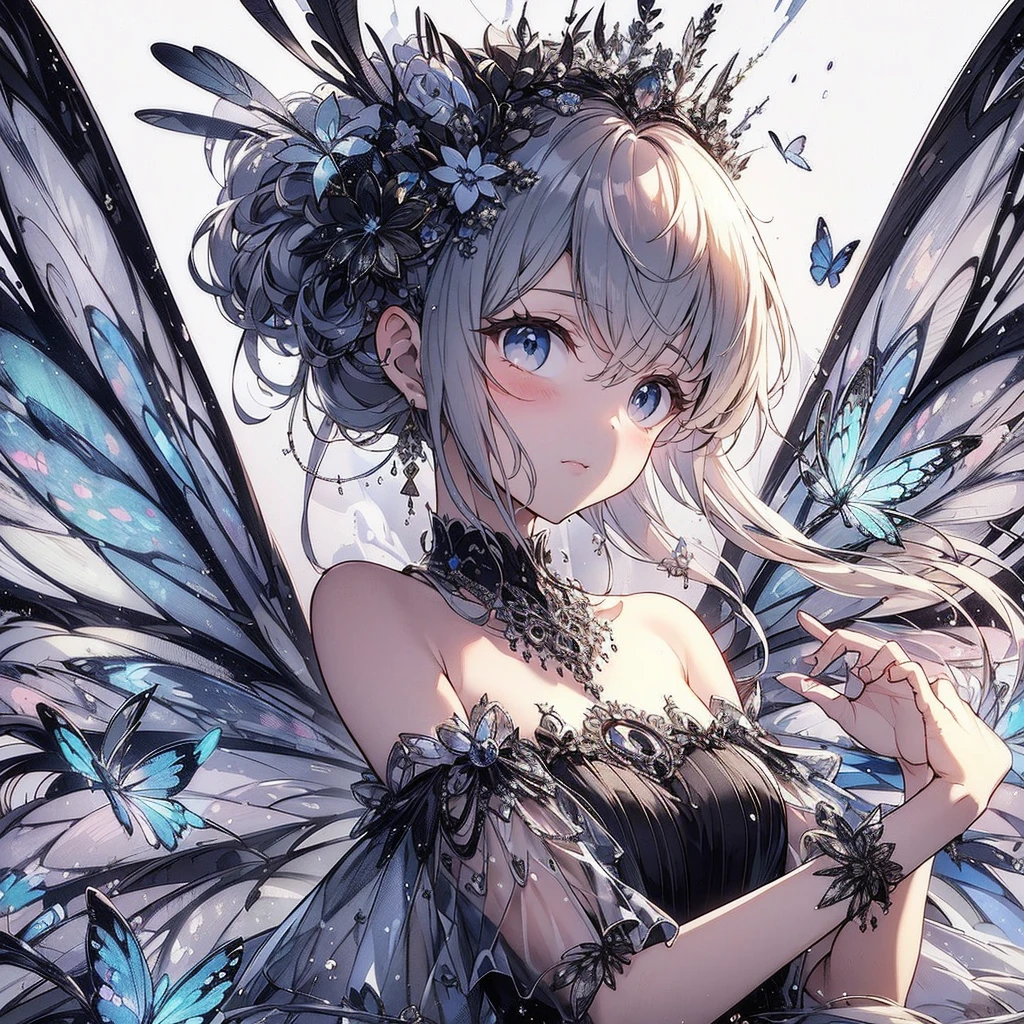 (Exquisite, beautiful, Very detailed, masterpiece, high resolution,high quality,High resolution),(Well-formed face,Soft and thin lines: 1.2, Beautiful, delicate and vivid illustrations with a mature and clear feel, Pixiv-inspired anime illustration,Cute girl-style illustrations that go viral among Japanese people on Twitter), He floats in the air, controlling the flames and fire from the rings on his hands.,A delicate and beautiful adult fairy princess with transparent, black wings growing from her back.,Dark Night,inflammation,sparks,From a little distance,She&#39;s wearing a tiara, earrings, necklace and bracelets.,), ((Red, white and black ball gown dress with inflammation motif:1.1, Balloon sleeves, Jewels, ribbons, lace and frills, Fairy wings from the back:1.5)), (Long fingers,Pale pink blush, Plump pink lips,Beautiful and clear eyes,Large Bust, Fair skin, Black knee-highs,Good style),pastel colour, Fantasy,Whole body,flare up

