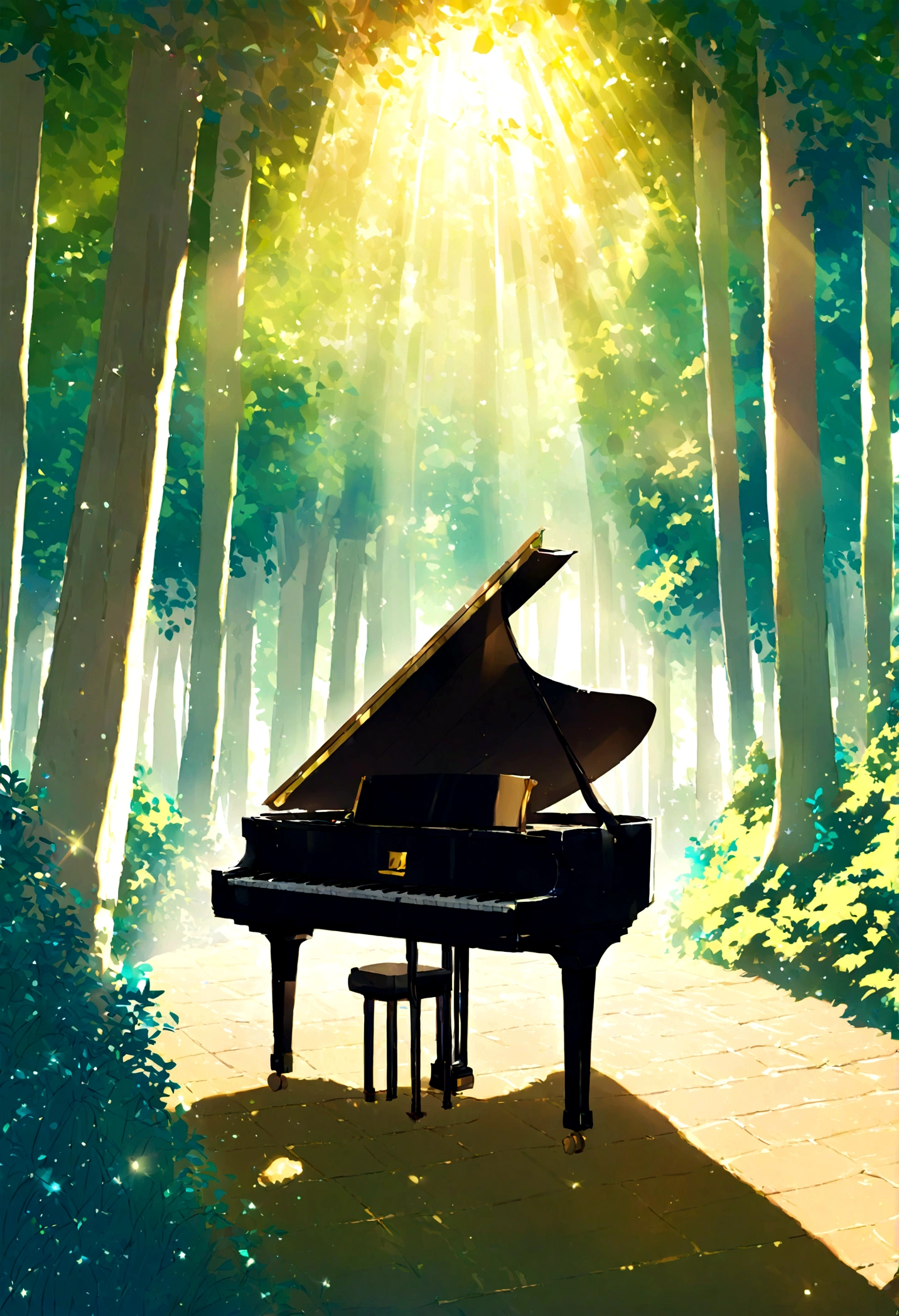 1A grand piano placed under a large book tree、The sunlight filtering through the trees makes it sparkle.