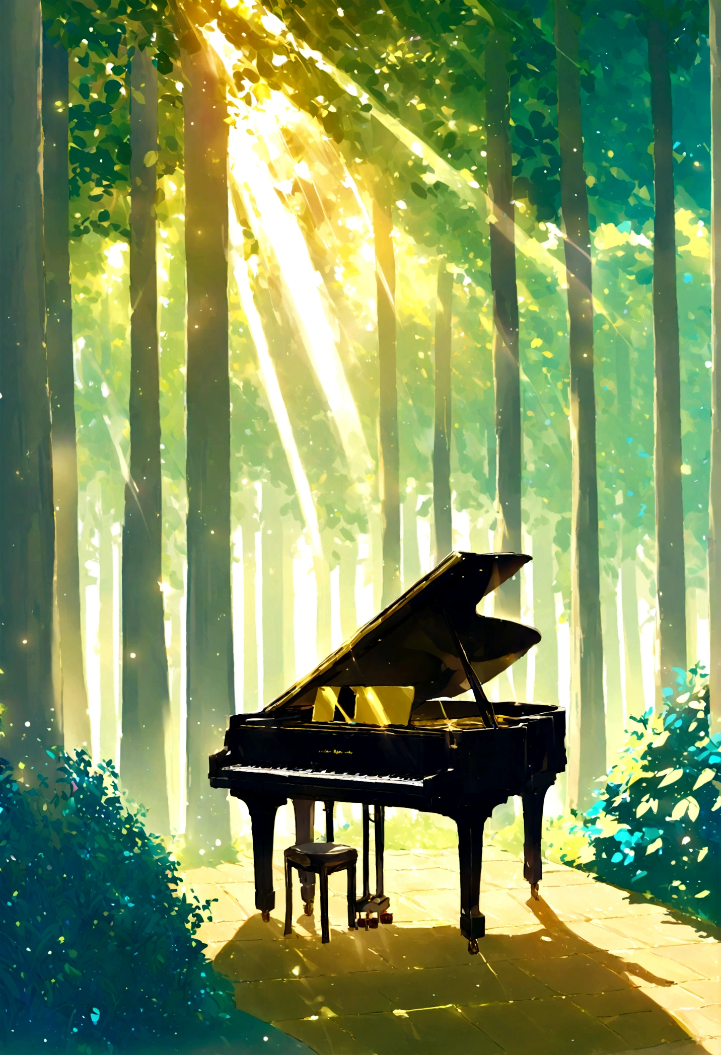 1A grand piano placed under a large book tree、The sunlight filtering through the trees makes it sparkle.