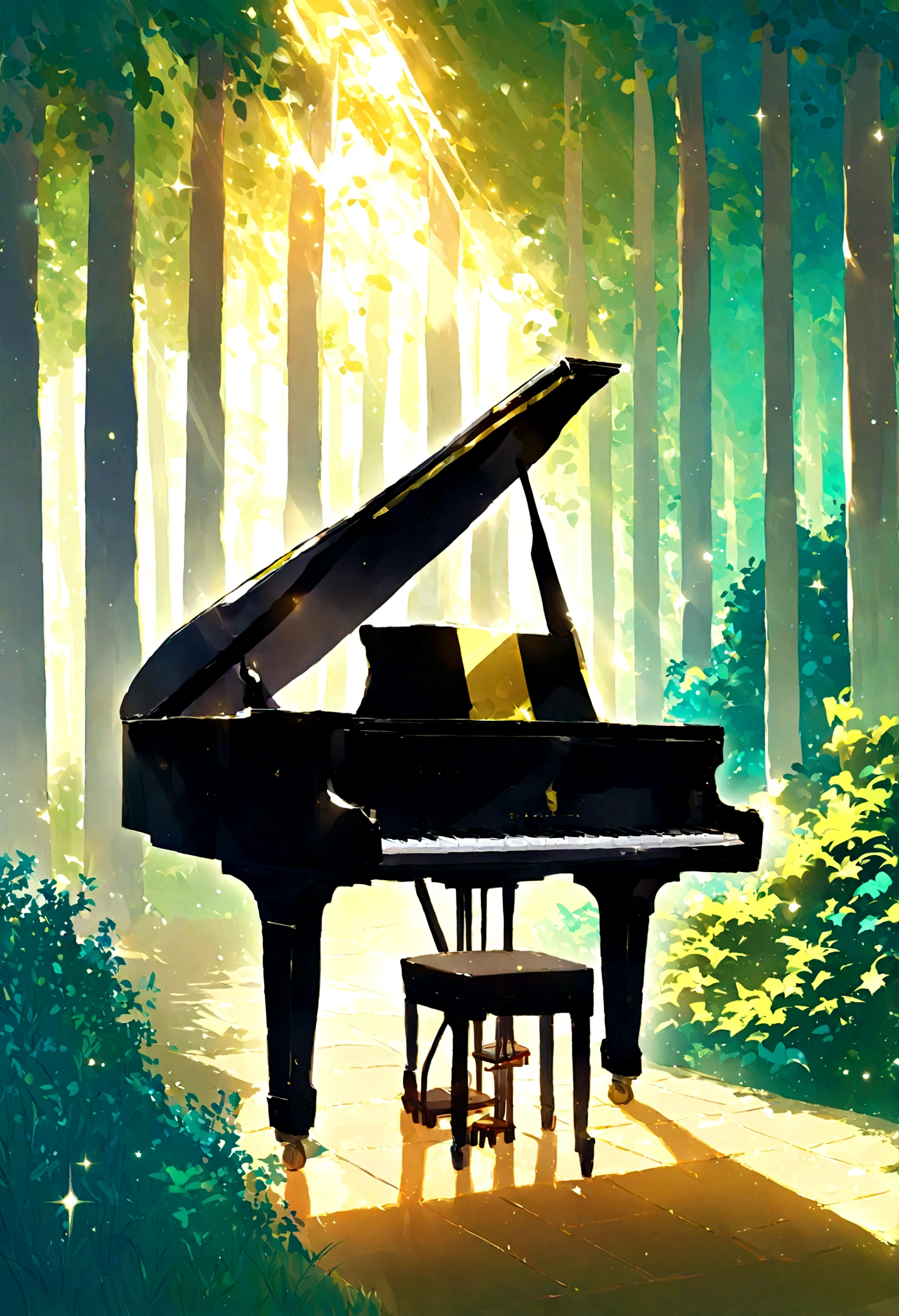 １A grand piano placed under a large book tree、The sunlight filtering through the trees makes it sparkle.