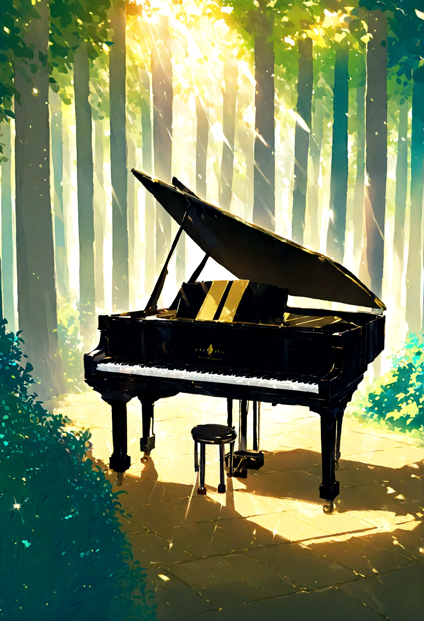 １A grand piano placed under a large book tree、The sunlight filtering through the trees makes it sparkle.