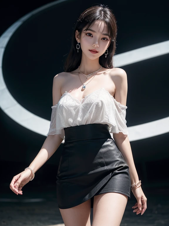 Byrne virus, ((whole body)), ((from below)), ((gufeng,Bare shoulders)), ((The skirt is very short)),((leakage)), Clear face, Pretty Face, 8K, masterpiece, original photo, best quality, detail:1.2,lifelike, detail, Very detailed, CG, Unite, wallpaper, Depth of Field, light, lens flare, Ray tracing, (extremely beautiful face, Beautiful lips, beautiful eyes), complicated, detail的脸, ((ultra detailed skin)), 1 girl, in the darkness, Deep Shadows, Beautiful korean girl, Korean Idol,(Very slim figure:1.3), Full breasts, Slender sexy legs, Elegant Posture, (A big smile), (City night, (Neon), (night), Beautiful korean girl, White Diamond Earrings, diameter bracelet, Deya Necklace, Clear eyes, Facing forward, (big eyes)