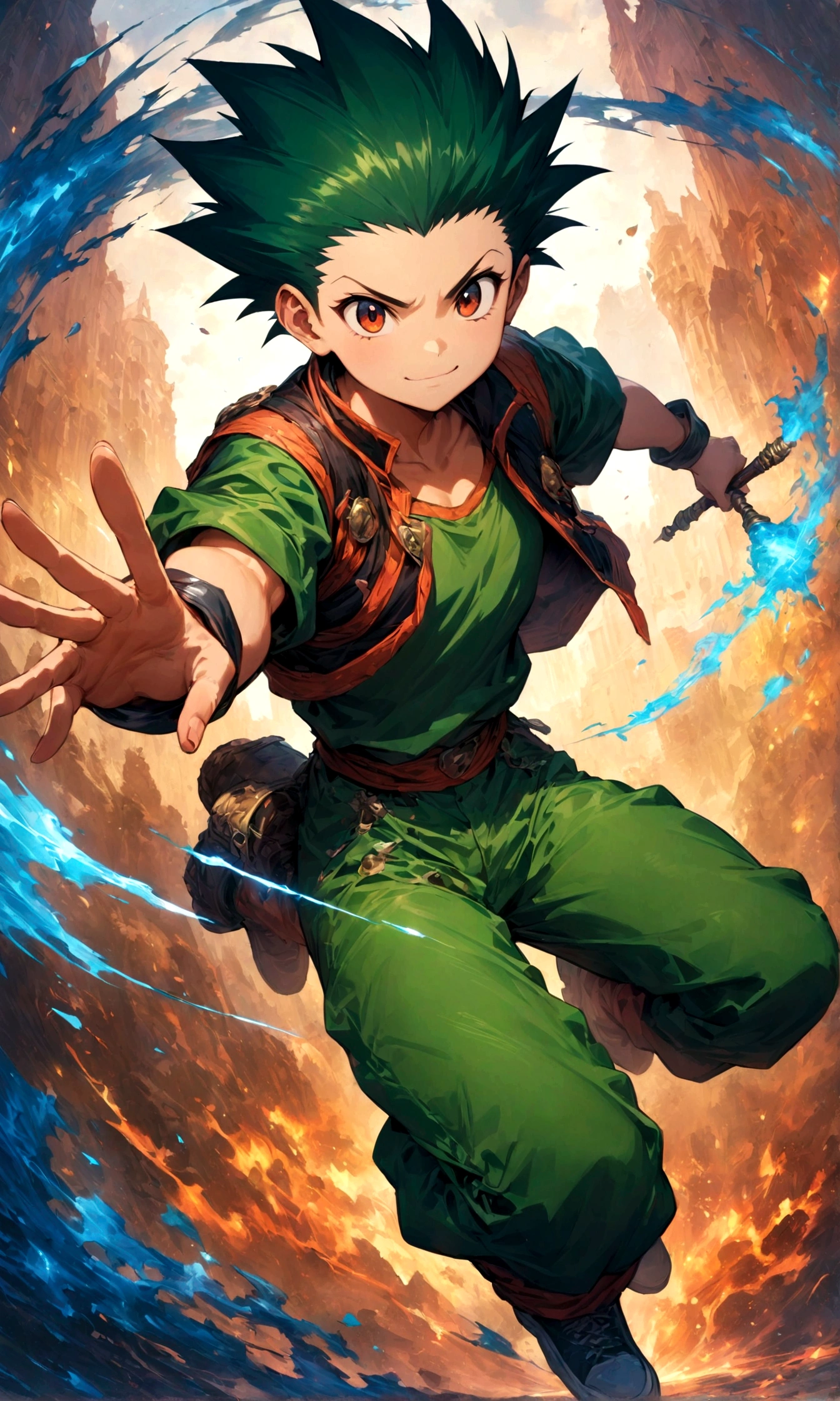 1 teenager,Gon=Freaks,Hunter x Hunter,Gonの衣装,,Sui Ishida's painting style,Intricate details,,Decadent,artwork,rendering,Dynamic Pose,(masterpiece:1.3),(highest quality:1.4),(ultra detailed:1.5),High resolution,extremely detailed,unity 8k wallpaper,Dark fantasy,Brush strokes,Glare,Battle Style,
