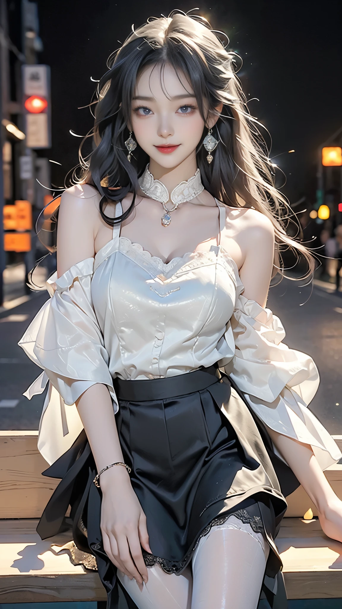 ((Bare shoulders)), ((The skirt is short, Showing off her sexy long legs)), ((whole body)), Practical, Fashion girl, Red lips, Mature women, Exquisite makeup, big eyes, beautiful, (best quality, masterpiece:1.2), Ultra Detailed, (Practical:1.37), ((Random scenes, Random shooting angles)), ((Sexy long legs)), Young and energetic, Charming model, (Delicateeyes, Delicate lips), Show a bright smile, Create stunning girl images, warm color, Very high color saturation, Official Art, Extremely detailed CG, Unity 8k wallpaper, (High Dynamic Range :1.4), (Movie atmosphere),(Soft colors), (Natural skin texture, ultra-Practical, Soft Light, sharp),(Very detailed), night, moonlight