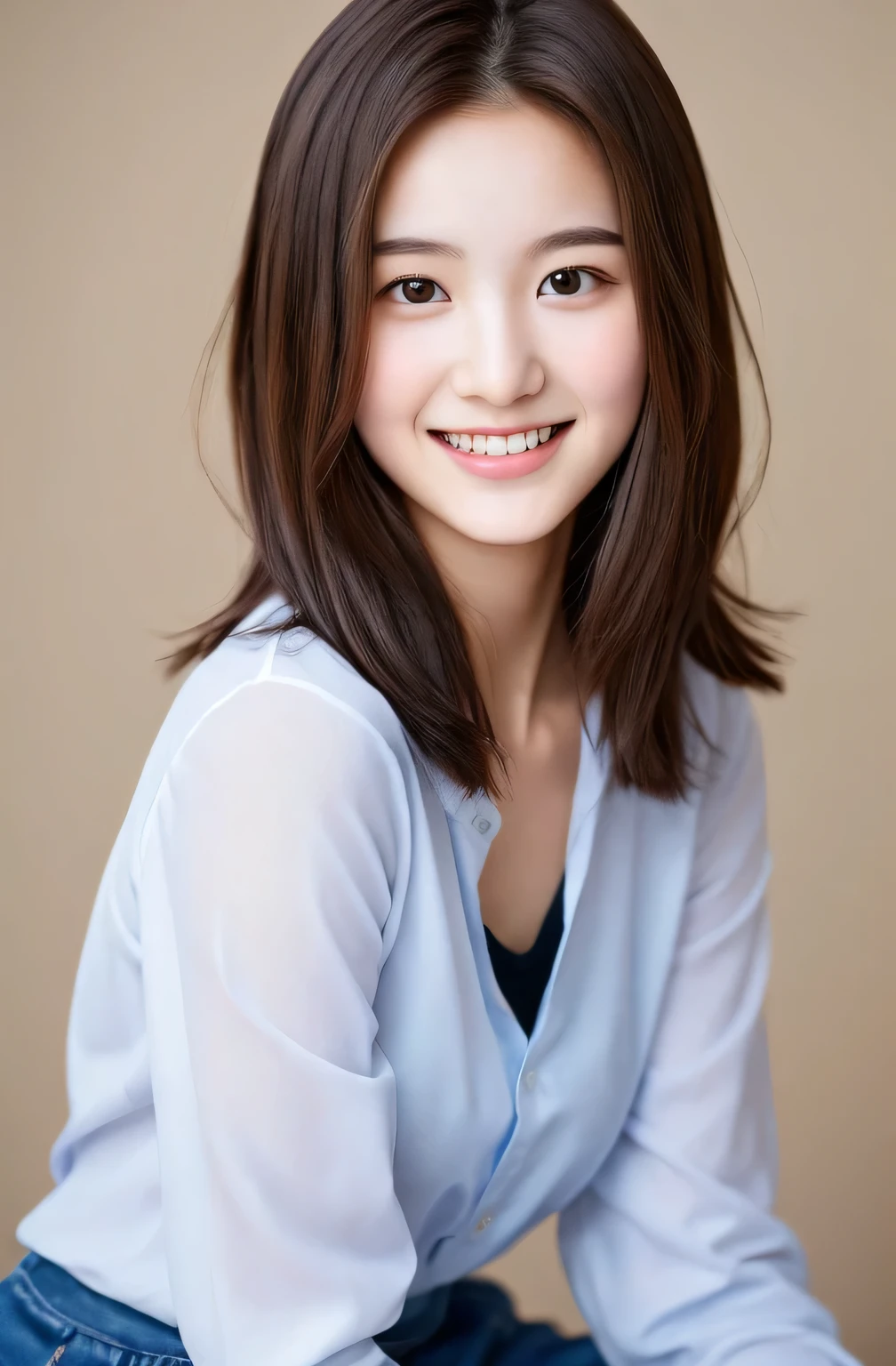 Unbelievably absurd, A beautiful and cute 16-year-old Korean girl with a photo-realistic face, Showcasing the highest quality craftsmanship. Her slim body is short, Messy Hair. High resolution artwork, Capable of perfectly capturing extremely detailed features. The focus is on the practical student, Expressing depth and emotion. Cute Smile. Wearing a high