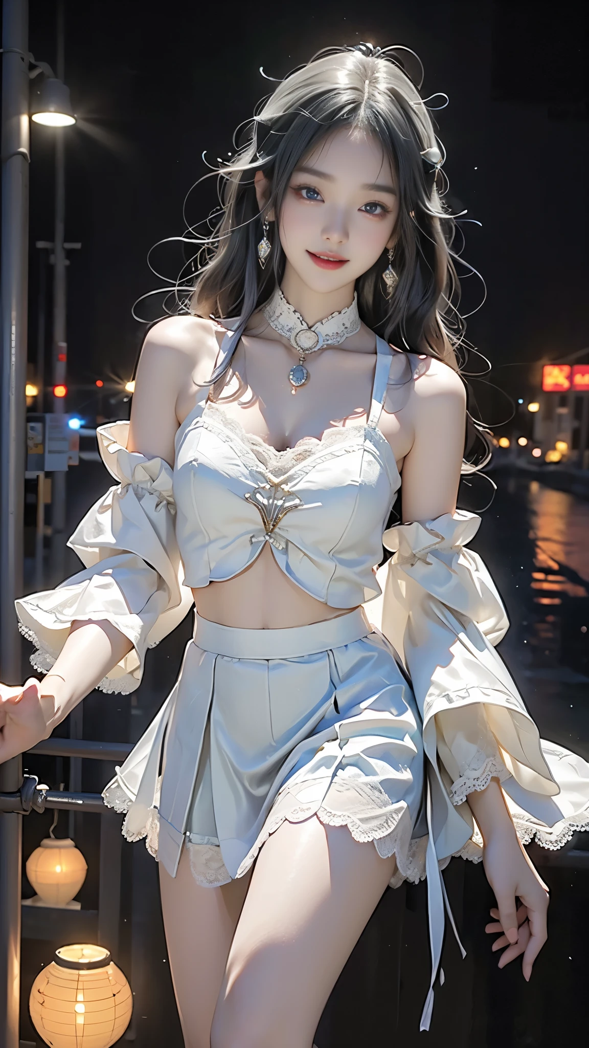 8k, RAW photo, top quality, masterpiece, realistic, photorealistic, clear, professional lighting, beautiful face, top quality, super high resolution.
         BREAK (whole body:1.5), (18 year old very beautiful Japanese girl:1.3)
  NSFW,

  Slender, very flat chested, very small breasts


  (The supermodel smiles confidently and strikes different poses in the photo shoot,:1.4)

  (A very stylish cafe terrace that is magically lit up at night:1.3)


(Multilayer Bell Sleeve Turtleneck Crop Top with Scalloped Trim, :1.4),, ((off-shoulder, bare belly):1.3), (Crochet lace embellishment.:1.2)(Multi-layer asymmetric low-leg flared leather skirt, :1.3)