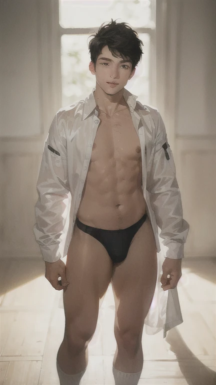 A boy , ((Boy, youth, male)) smiling, short hair, (8k, RAW photo, photorealistic:1.25), ( lip gloss, eyelashes, glossy side, shiny skin, best quality, ultra high resolution, depth of field, chromatic aberration, caustic, wide light, full body, pronounced cleavage, open chest, white lingerie, black stockings, High school student sexy pose