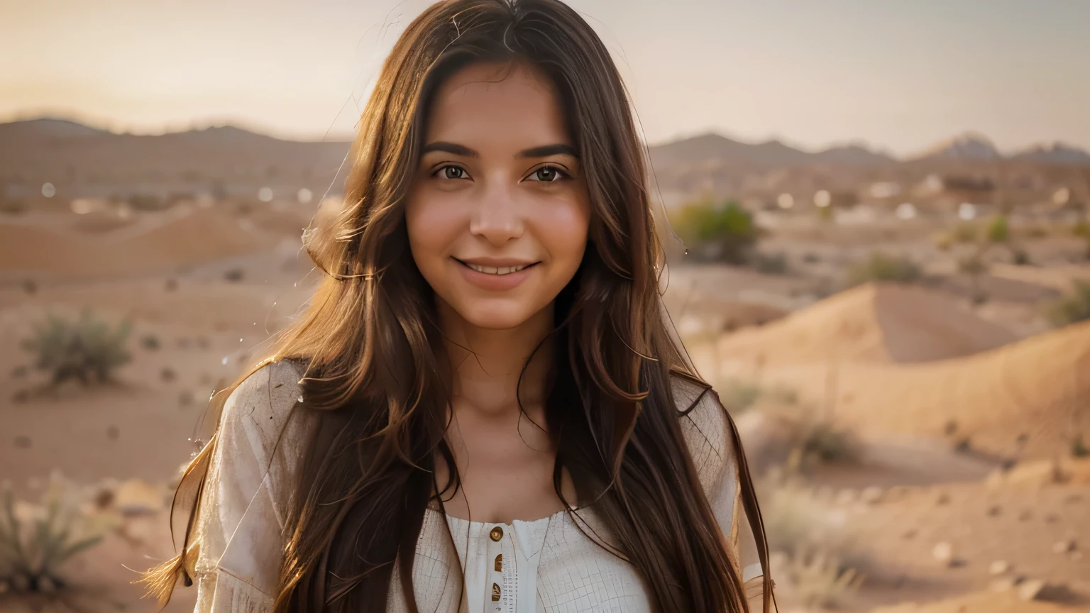 portrait, a portrait of a young Israeli woman with long hair, looking smiling, bathed in a warm golden light, a calm desert landscape in the background., , Taken in natural light with a Canon EF 85mm f/1.4L IS USM lens for a sharp focus and a creamy bokeh background, capturing every realistic detail in a photorealistic style.