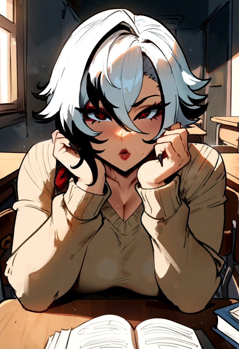 1girl, arlecchino \(genshin impact\), genshin impact ,masterpiece, best quality, very aesthetic, absurdres, newest,,,, , in front of viewer, ///// by nyantcha, cutesexyrobutts, , , by khyle ///// school,school girl outfit, sweater,rating:nsfw, , detailed face, ,. ,, detailed eyes, cross-shaped pupils,  , , at school, at desk, books