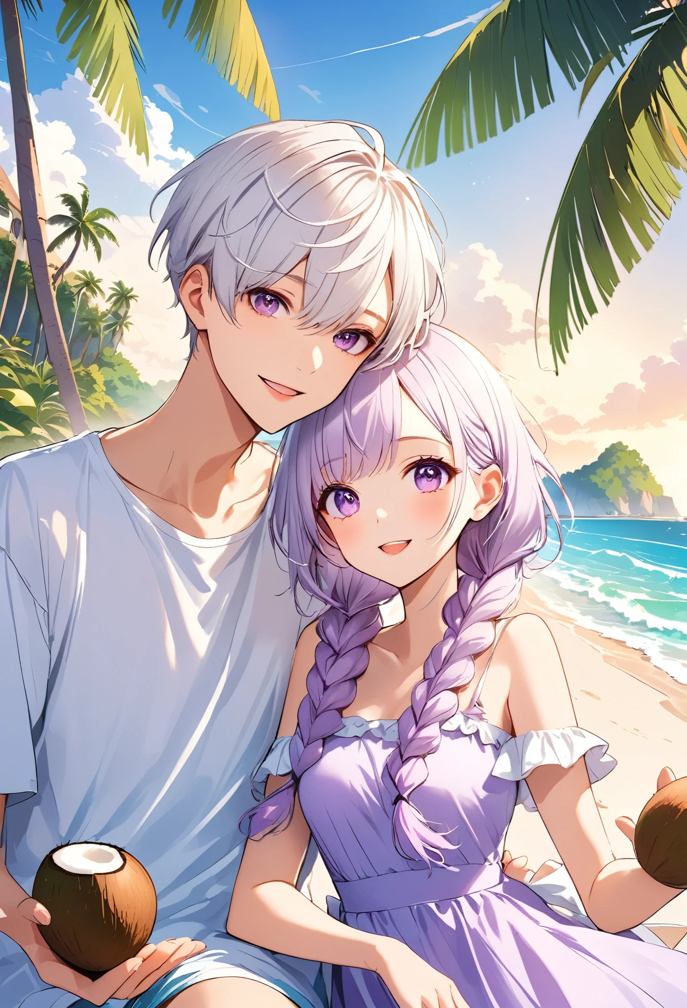 Enjoyable holiday，Vacation，Vector illustration，A young couple，bust， Purple Eyes，Purple Eyes，White hair-purple-long braids。 seaside，coconut tree