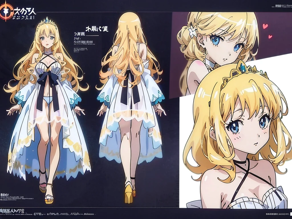 (Anime:1.8), megami magazine, (masterpiece, top quality:1.4), Not Safe for Work, detailed skin, detailed face, 1girl, idol, cute face, , 14-yo, blue eyes, droopy eyes, big eyes:1.5, laughing, red blush, (blonde-yellow hair), long hair, (shiny wavy hair), white wedding gown swimsuit, see through sarong, knee-highs, high heels, tiara, Bride Veil, cute, baby face, twinkle in the eye, (Design sheet:1.3), (multi-angle and detailed view:1.3),