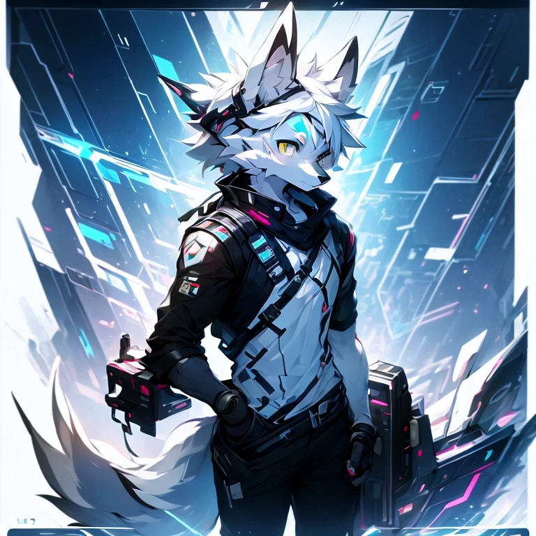 cyber punk perssonage，epcot，Tech style，solo person，White body，White ears，White hair，Overall white，Orange-yellow eyes，Wolf tail，Wolf orcs，Young，Wear a short-sleeved shirt，Ultra-clear screen，Soft lines