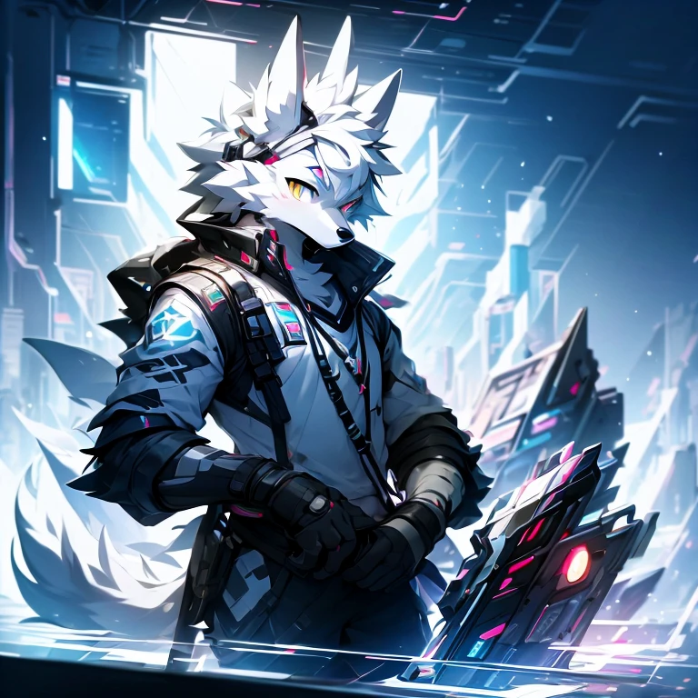 cyber punk perssonage，epcot，Tech style，solo person，White body，White ears，White hair，Overall white，Orange-yellow eyes，Wolf tail，Wolf orcs，Young，Wear a short-sleeved shirt，Ultra-clear screen，Soft lines
