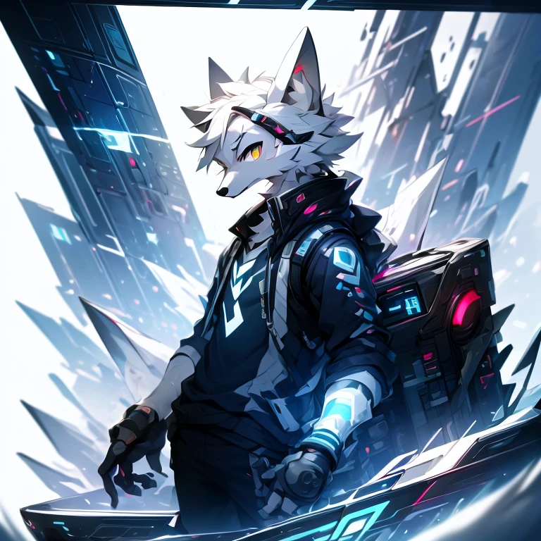 cyber punk perssonage,epcot,Tech style,solo person,White body,White ears,White hair,Overall white,Orange-yellow eyes,Wolf tail,Wolf orcs,Young,Wear a short-sleeved shirt,Ultra-clear screen,Soft lines