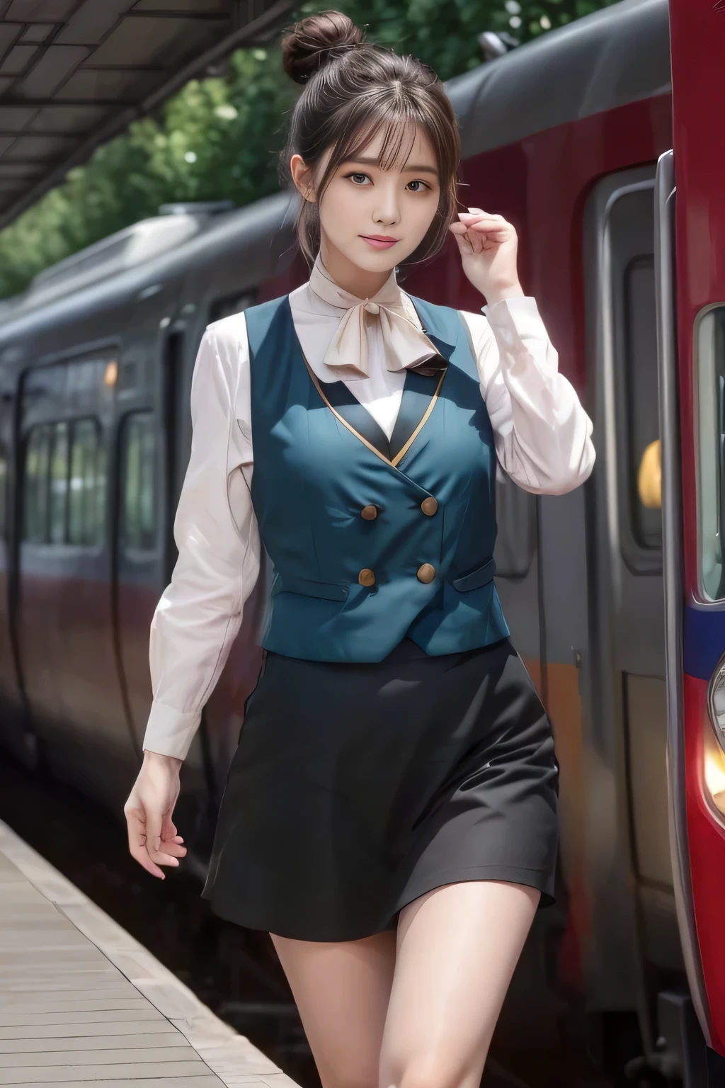 (masterpiece:1.2, highest quality:1.2), 32K HDR, High resolution, (alone、1 girl)、（At the station platform in the afternoon、Professional Lighting）、Background of an empty station platform、（Nankai Train crew uniformを着たリアルスタイル）、（The green vest of the Nankai train crew uniform、Nankai train crew uniform long-sleeved blouse with no collar、Nankai Train Crew Uniform Black Culottes）、Scarf around the neck、Dark brown hair、（Hair tied up、Hair Bun、Hair Bun）、Dark brown hair、Long Shot、Big Breasts、Thin legs、（（Great hands：2.0）），（（Harmonious body proportions：1.5）），（（Normal limbs：2.0）），（（Normal finger：2.0）），（（Delicate eyes：2.0）），（（Normal eyes：2.0））)、smile、（A beautiful figure showing off a black wraparound culottes skirt）