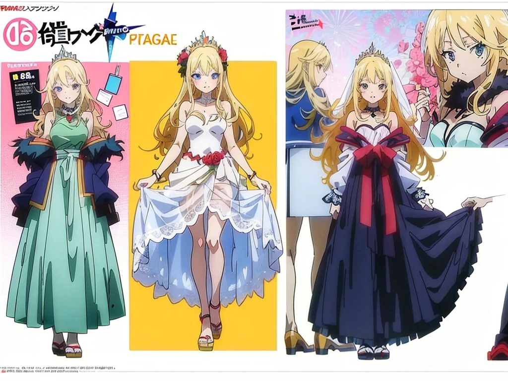 (Anime:1.8), megami magazine, (masterpiece, top quality:1.4), Not Safe for Work, detailed skin, detailed face, 1girl, idol, cute face, , 14-yo, blue eyes, droopy eyes, big eyes:1.5, laughing, red blush, (blonde-yellow hair), long hair, (shiny wavy hair), white wedding gown swimsuit, see through sarong, knee-highs, high heels, tiara, Bride Veil, cute, baby face, twinkle in the eye, (Design sheet:1.3), (multi-angle and detailed view:1.3),