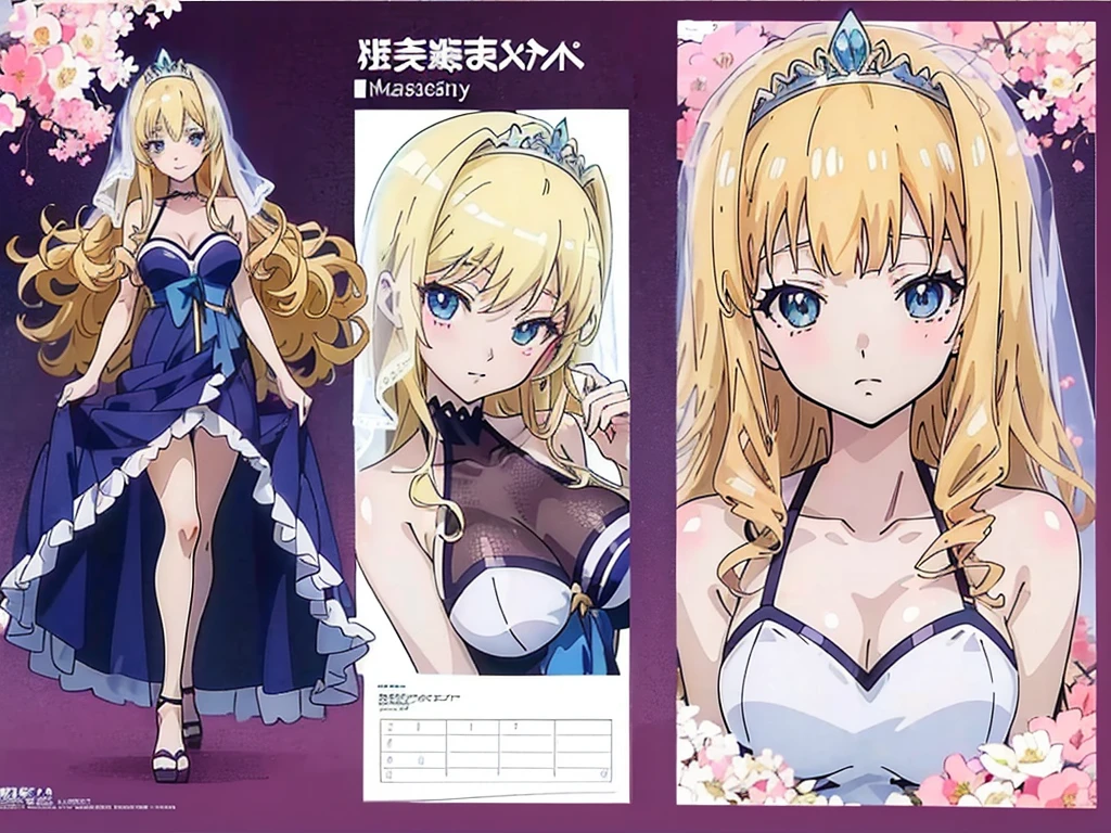 (Anime:1.8), megami magazine, (masterpiece, top quality:1.4), Not Safe for Work, detailed skin, detailed face, 1girl, idol, cute face, , -yoblue eyes, droopy eyes, big eyes:1.5, laughing, red blush, (blonde-yellow hair), long hair, (shiny wavy hair), white wedding gown swimsuit, see through sarong, knee-highs, high heels, tiara, Bride Veil, cute, babyinkle in the eye, (Design sheet:1.3), (multi-angle and detailed view:1.3),