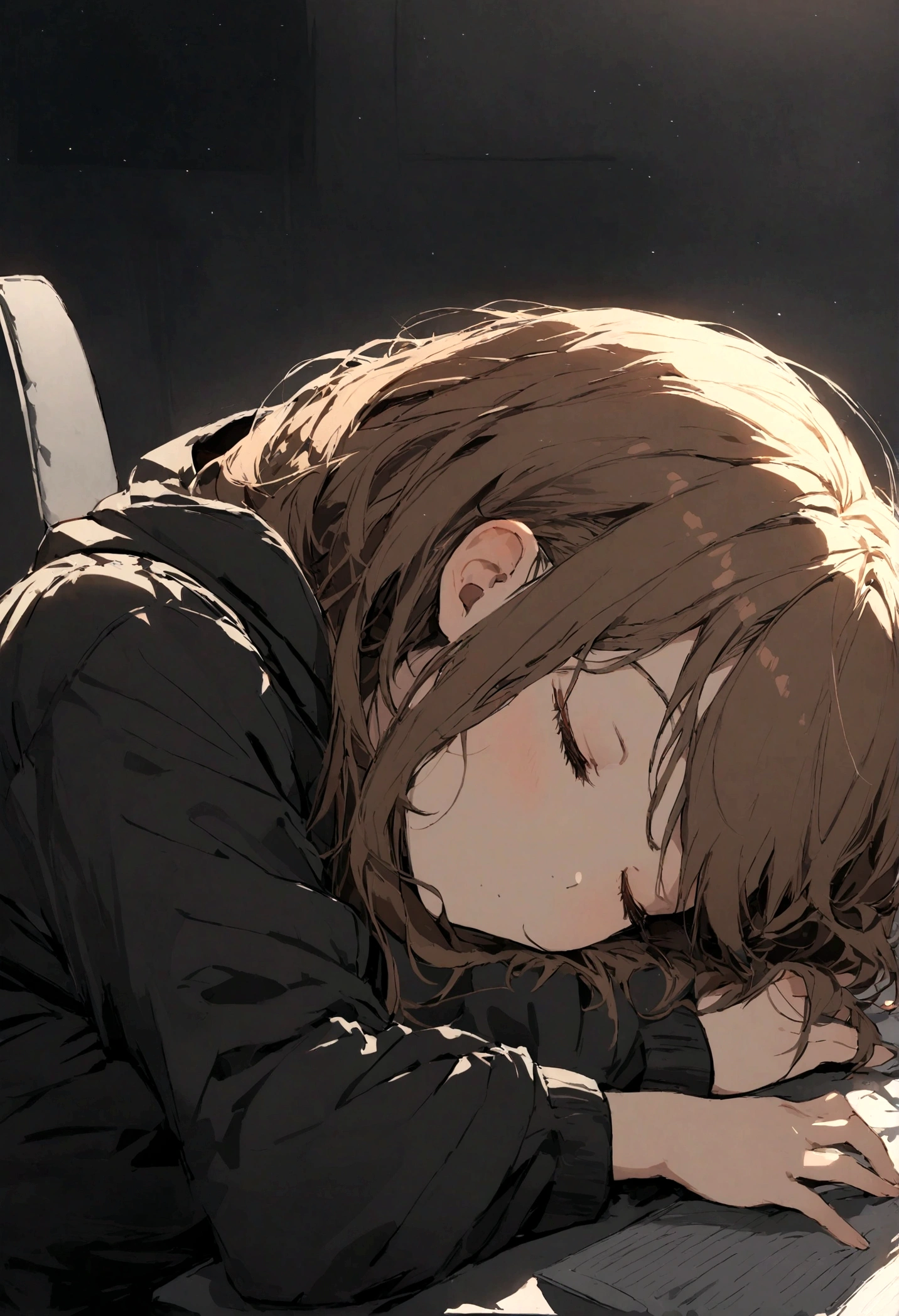 a girl with short brown hair wearing a and black hoodie, sleeping in office chair