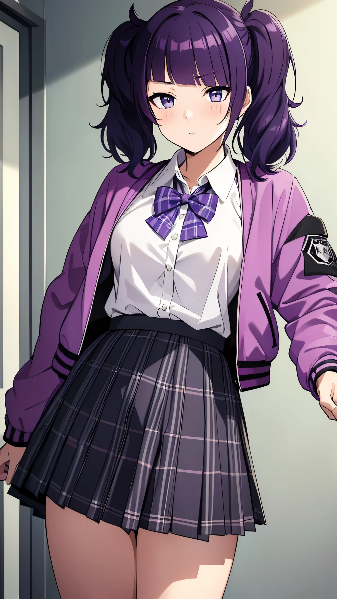 mamimi tanaka, asymmetrical bangs, blunt bangs, diagonal bangs, (purple eyes:1.1), purple hair, twintails, , jacket, green jacket, (jacket partially removed:1.5), shirt, collared shirt, white shirt, bow, blue bow, skirt, plaid, plaid skirt, pleated skirt, short skirt,blush、((Skirt flipped up、Black Panties))