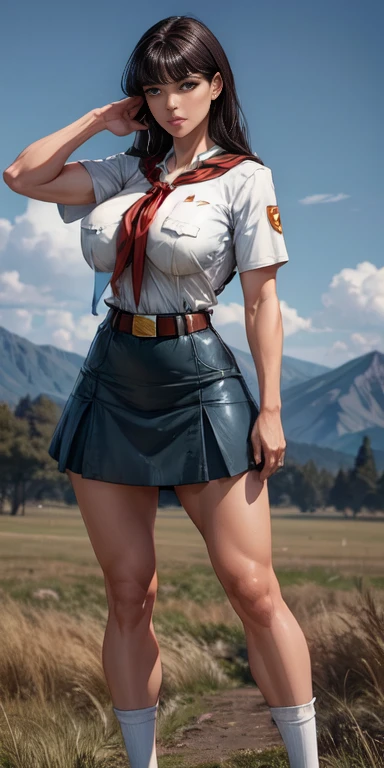 8k, high quality picture, high detailed picture, sunny day, open sky, (full body shot:1.3), tall fit girl, very long staright hair, brown with a black tint hair, smooth bangs, perfect brown eyes, neat dark eyebrows, plump lips, pale skin, (muscular girl:1.1), strong heaps, (accurate huge breast:1.2), bursting breast, wide hips, pioneer neckerchief, tight short blue skirt, white shirt, short sleeves, collared shirt, belt, eyelashes, red neckerchief, breast pocket, nipples trough clothes