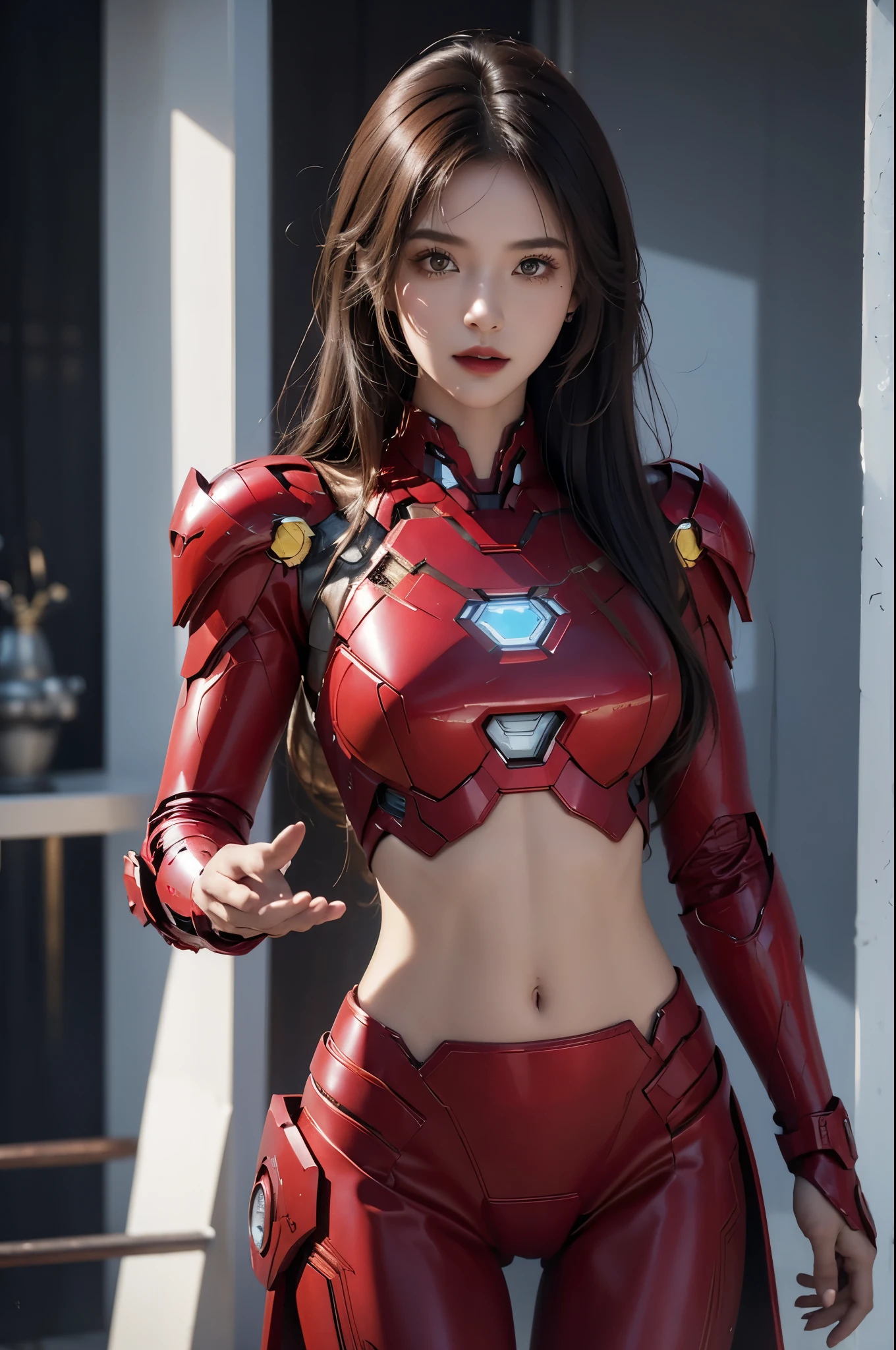 beautiful young woman, red iron man suit, sexy exposed midriff, full metallic armor, bare midriff and waist, open abdomen, fully exposed abdomen, cowboy-shot, realistic, photorealistic, high quality, 8k, extremely detailed, masterpiece, dynamic pose, dramatic lighting, cinematic, sci-fi, futuristic, vibrant colors