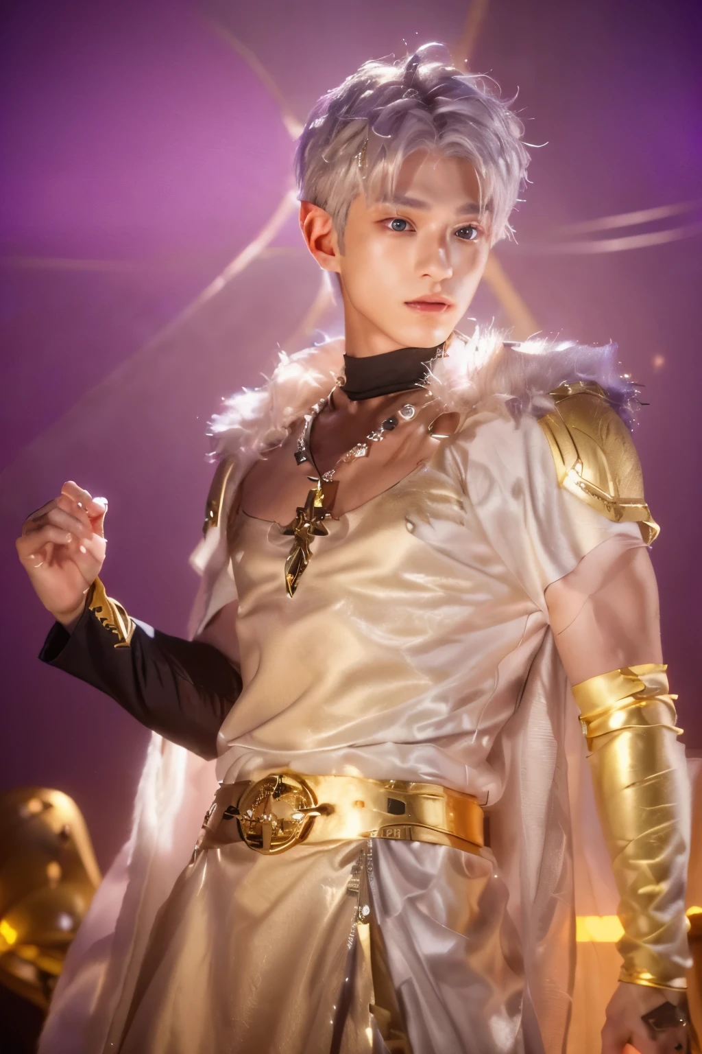 there is a male elf dressed in a costume with animal fur on his shoulders, ****ung man, elf, pontin ears, gold eyes, wearing a necklace with the ring attached with it., silver short kpop hairstyle,