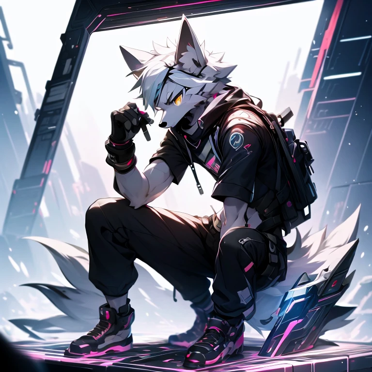 cyber punk perssonage,epcot,Tech style,solo person,White body,White ears,White hair,Overall white,Orange-yellow eyes,Wolf tail,Wolf orcs,Young,Wear a short-sleeved shirt,Ultra-clear screen,Soft lines
