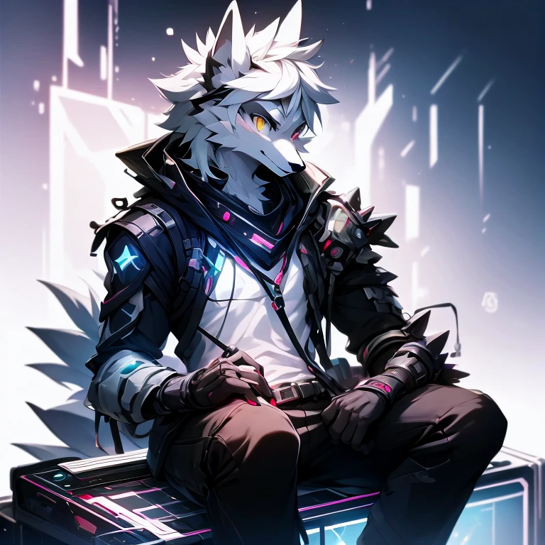 cyber punk perssonage,epcot,Tech style,solo person,White body,White ears,White hair,Overall white,Orange-yellow eyes,Wolf tail,Wolf orcs,Young,Wear a short-sleeved shirt,Ultra-clear screen,Soft lines