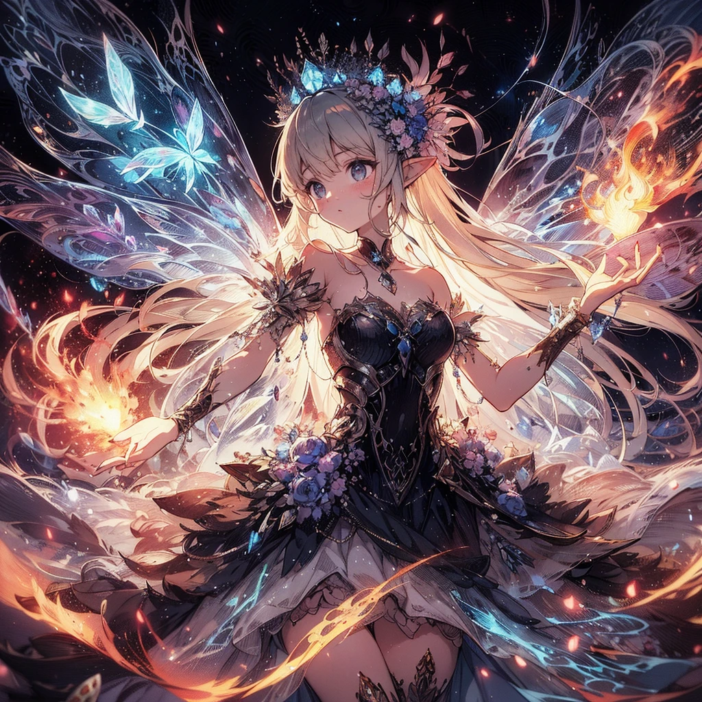 (Exquisite, beautiful, Very detailed, masterpiece, High resolution,high quality,High resolution),(Well-formed face,Soft and thin lines: 1.2, beautiful, Delicate and vivid illustrations with a mature and clear feel) ,He floats in the air, controlling the flames and fire from the rings on his hands.,A delicate and beautiful adult fairy princess with transparent, black wings growing from her back.,Dark Night,inflammation,sparks,From a little distance,She's wearing a tiara, earrings, necklace and bracelets.,), ((Red, white and black ball gown dress with inflammation motif:1.1, Balloon sleeves, Jewels, ribbons, lace and frills, Fairy wings from the back:1.5)), (Long fingers,Pale pink blush, Plump pink lips,Beautiful and clear eyes,Large Bust, Fair skin, Black knee-highs,Good style),pastel colour, Fantasy,Whole body,flare up
