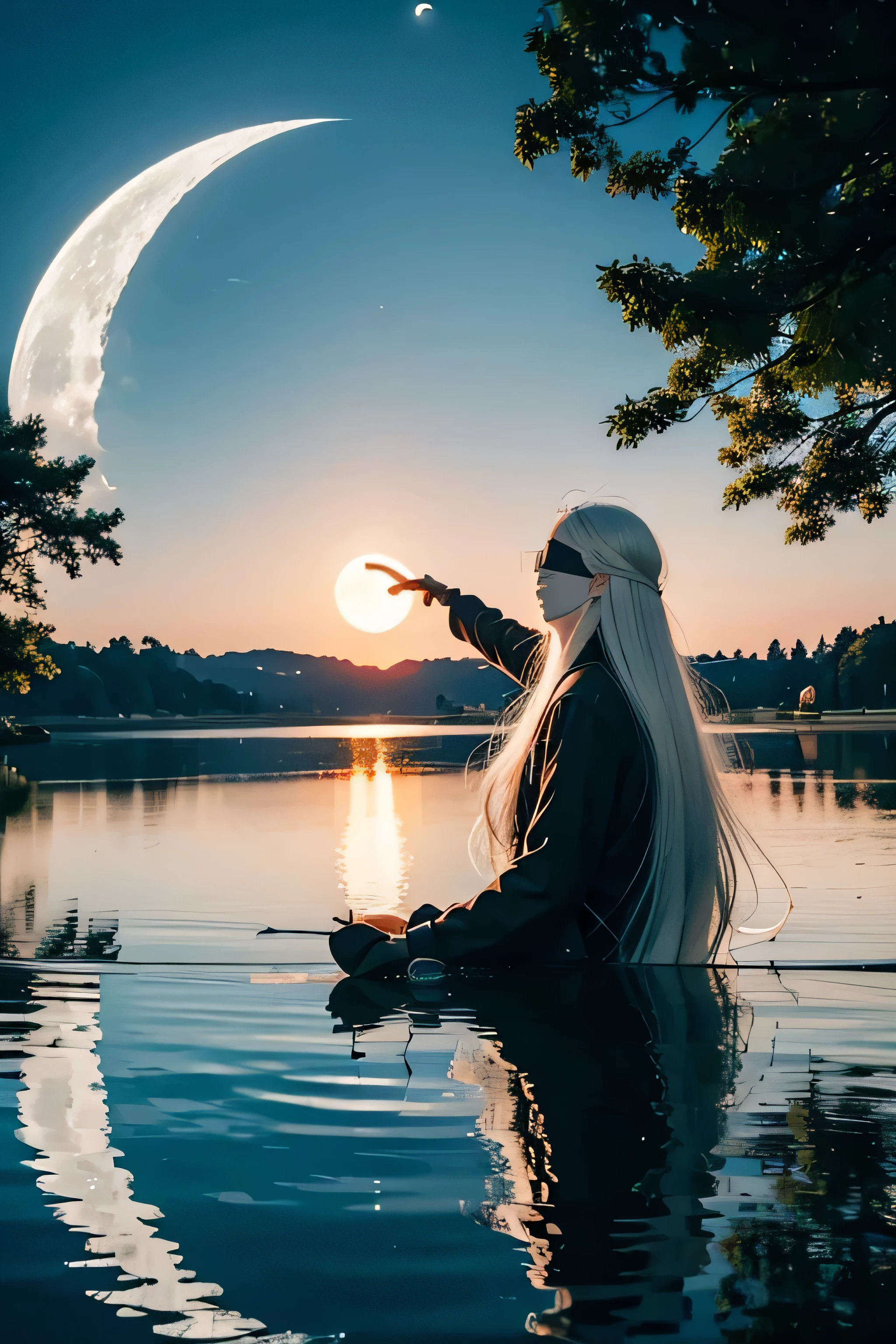 Long white hair, man, blindfold, fishing, moon, lake, reflection