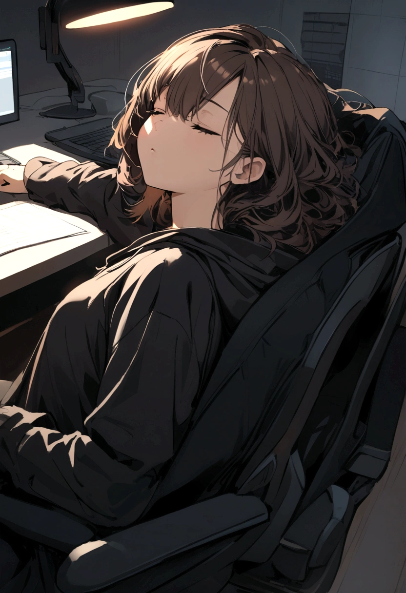 a girl with short brown hair wearing a and black hoodie, sleeping in office chair