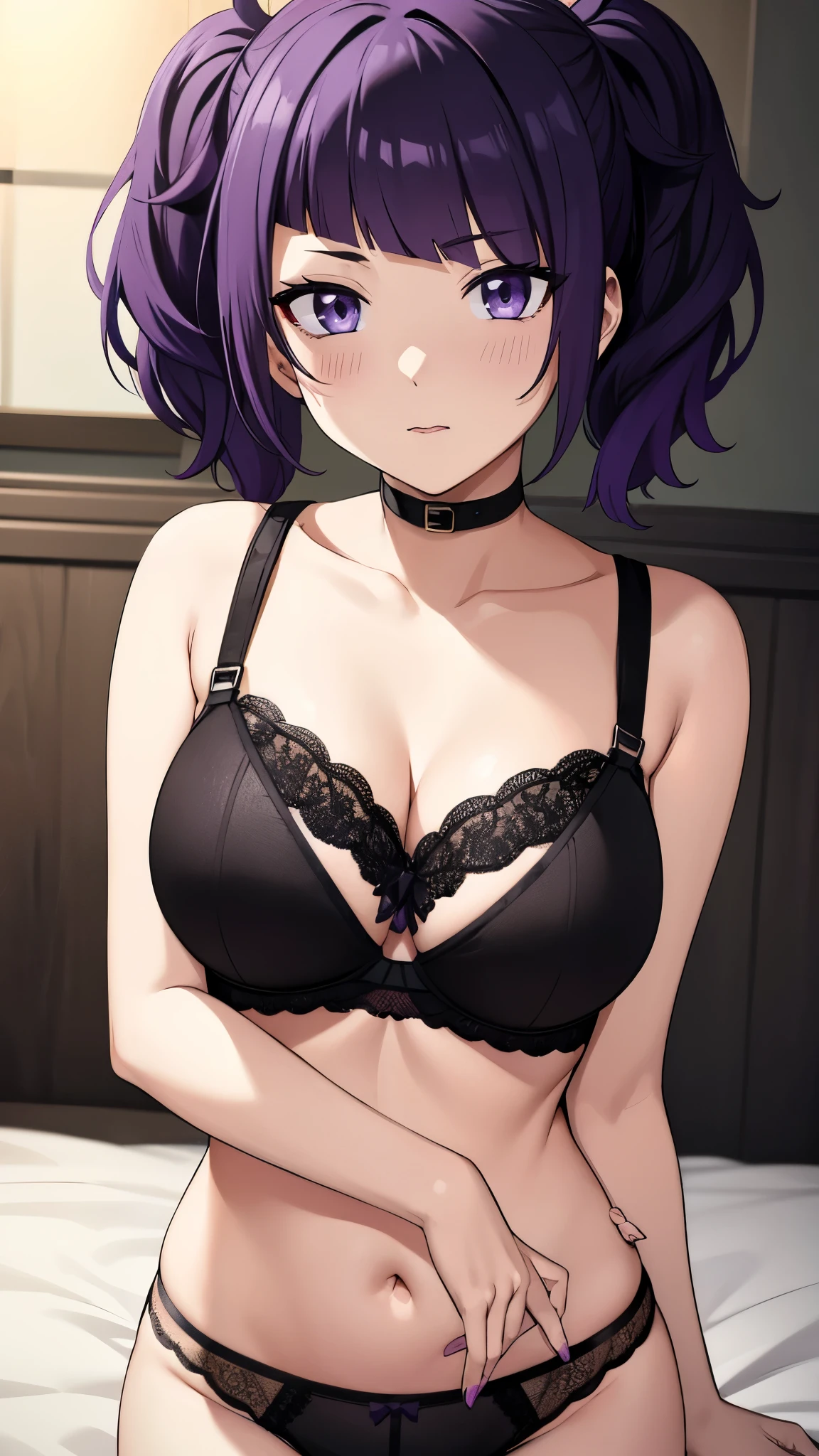 mamimi tanaka, asymmetrical bangs, blunt bangs, diagonal bangs, (purple eyes:1.1), purple hair, twintails, , blush、((Black Bra、Black Panties))