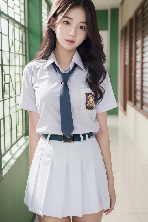 Multiple girl, realistic, extremely detailed, 8k, trending on ArtStation, Intricate, High Detail, Sharp focus, cute high school girl, beautiful, standing, indohighschool uniform, black wavy hair, school hallway, cute, photorealistic, full body, detailed, high quality, using white panties only, visible white panties