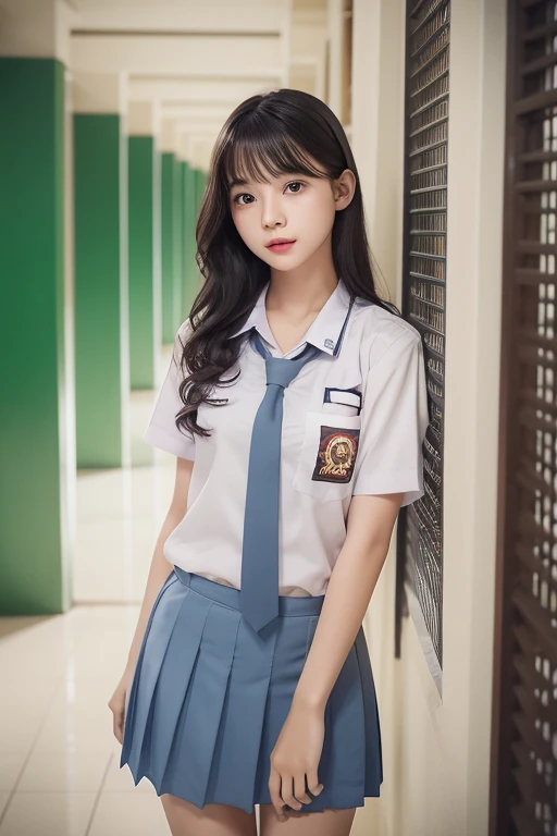 Multiple girl, realistic, extremely detailed, 8k, trending on ArtStation, Intricate, High Detail, Sharp focus, cute high school girl, beautiful, standing, indohighschool uniform, black wavy hair, school hallway, cute, photorealistic, full body, detailed, high quality, using white panties only, visible white panties