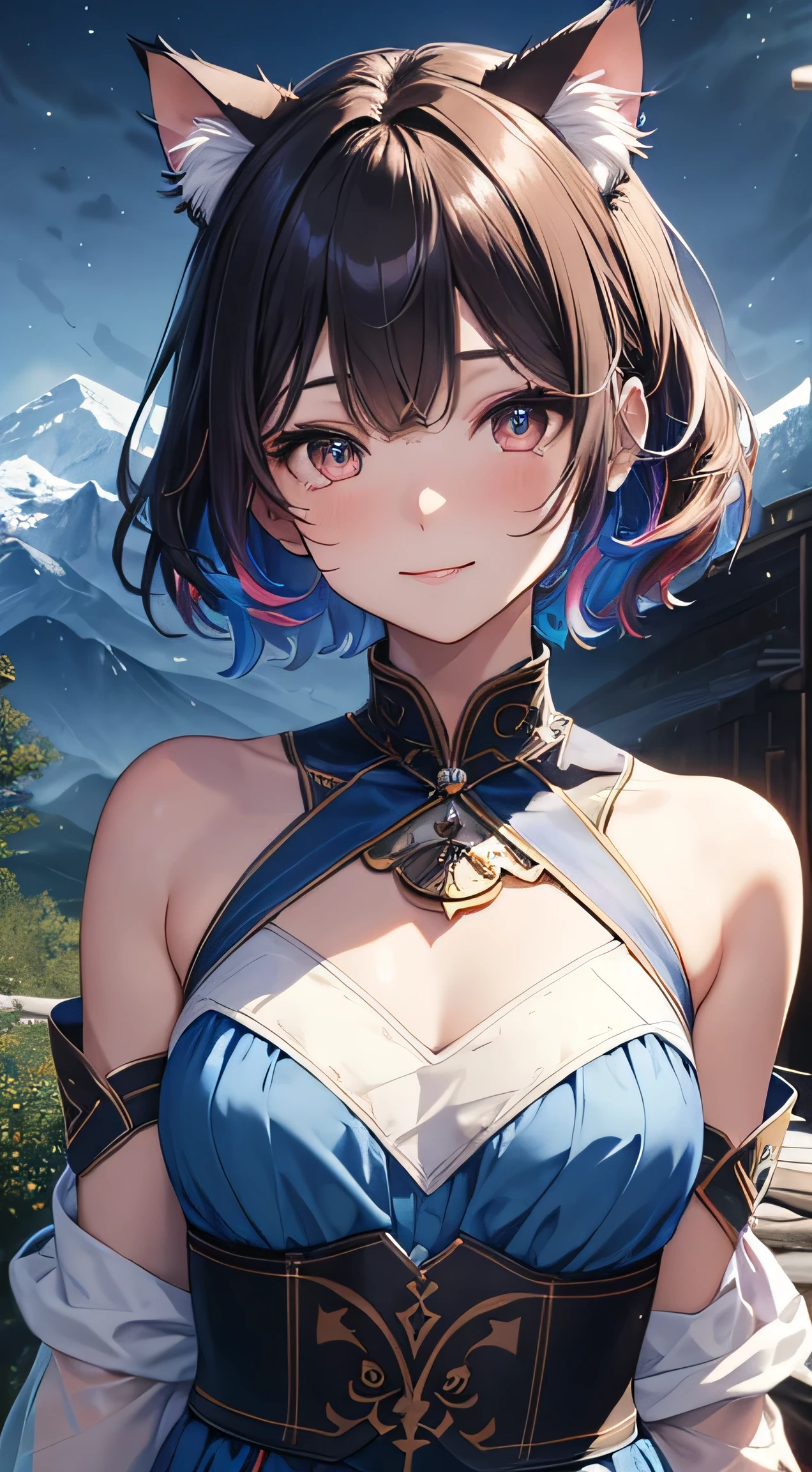 girl with beautiful details, clear and beautiful, glowing skin, girls, not, young, 20 years, short hair, Short hair, beautiful details glass hair, ((colorful blue greek costumes)) beautiful details, warm face, beautiful and delicate eyes, Middle breasts, brown eyes, Authentic skin texture, Very nice 8KCG wallpaper, Very nice 8K CG wallpaper, Watercolor (middle), female warrior, (((cat ears))), (((dark, dark Night, midnight))) (((nature background, mountain, wood))), ((outdoors)), upper body cut, Costume colors are colorful and saturated, bright smile, calm posture,