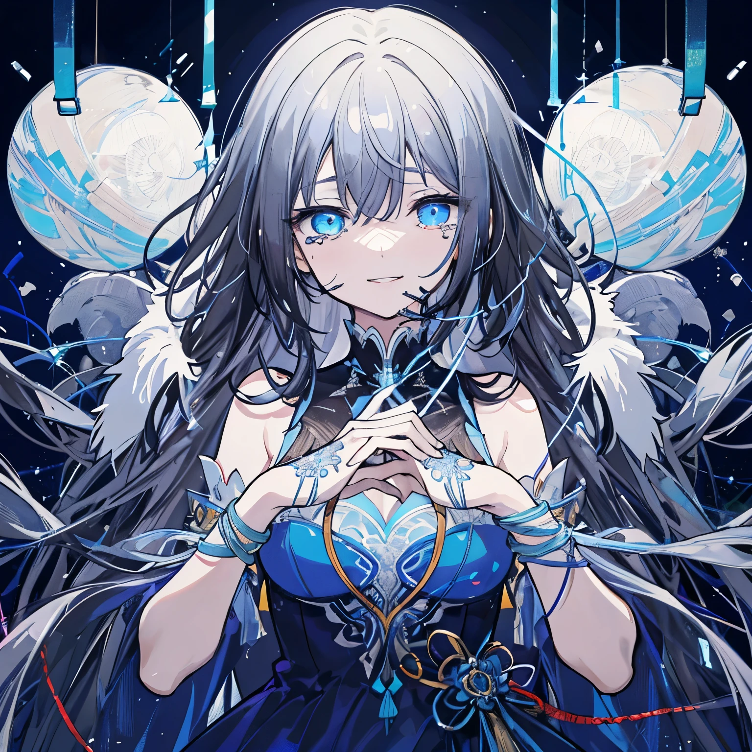 A girl being controlled by a string, bound by a blue thread, a blue thread clinging to her, a girl being controlled, empty eyes, a single tear, a tear coming from her eye, a smile on her lips, despair, a dance hall, being made to dance. A puppet, glowing blue eyes, a luxurious dress, threads entwined in its limbs, threads attached to both hands, solo illustration, blue and black hair, a dress based on black and blue, fleeting, fantastical, Full body illustration, dancing, threads on the wrist, threads hanging from the ceiling, black hair, blue mesh hair, black hair