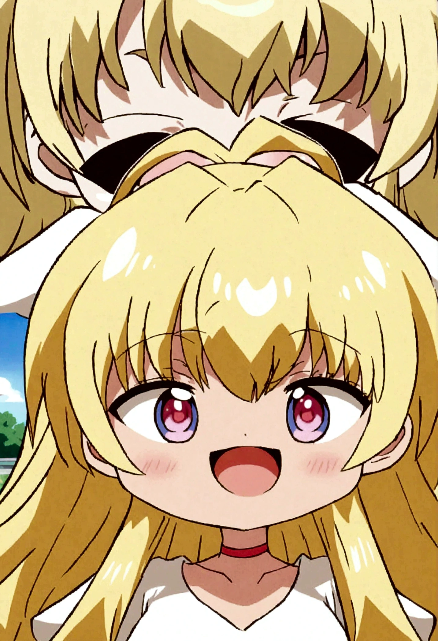 score_9, score_8_up, score_7_up, source_anime, kaorukotenkawa, kaoruko tenkawa, long hair, blue eyes, blonde hair, bow, hair bow, yellow bow, gloves, dress, heart, elbow gloves, magical girl, yellow gloves, outdoors, cityscape, smile, looking at viewer, dutch angle, blush, open mouth, big mouth, tongue, tongue out, close up, saliva, uvula, uvula, room, mouth focus, excessive saliva,huge mouth, long tongue, large tongue