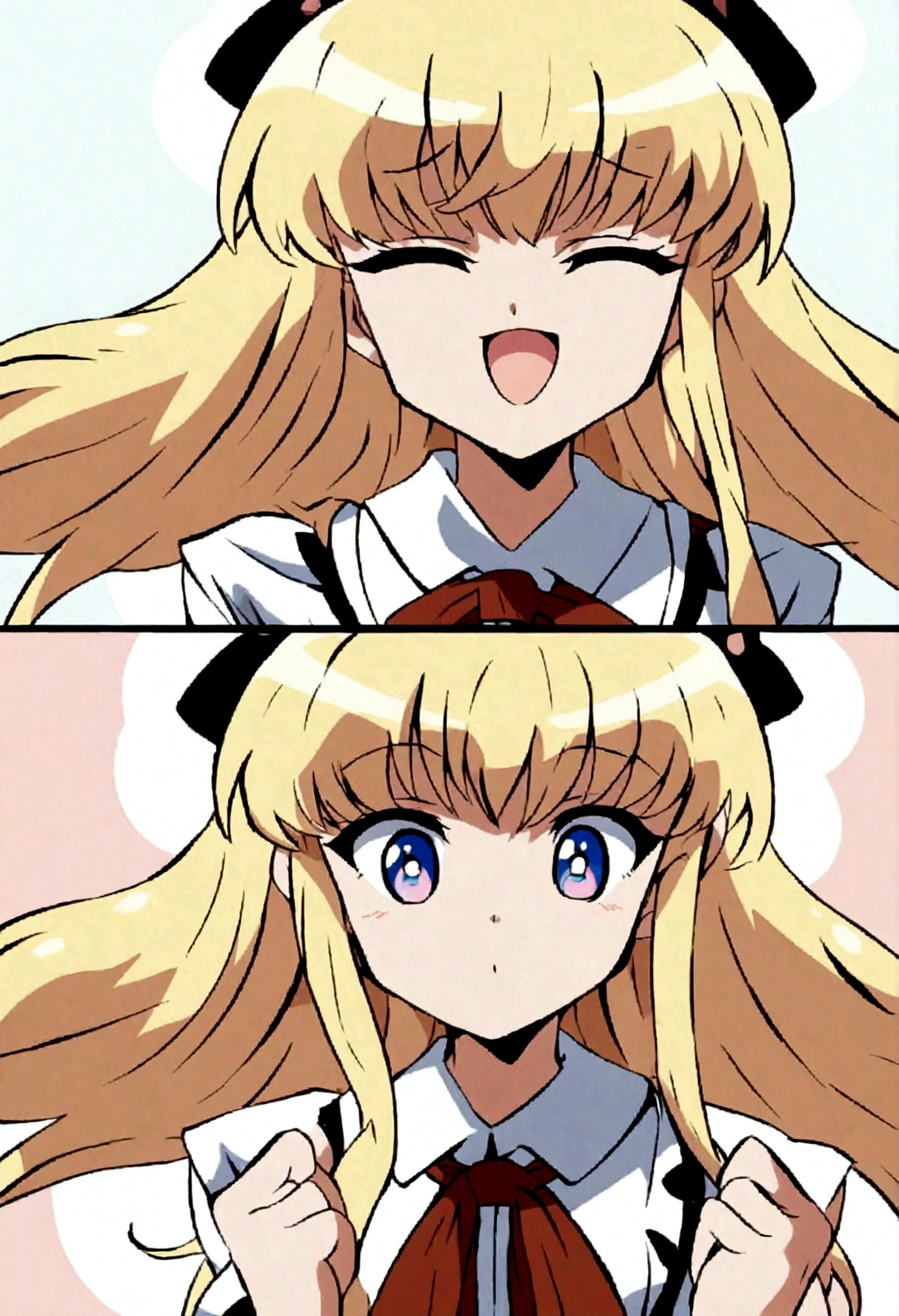 a cartoon drawing of a blonde haired girl with long hair, blonde anime girl with long hair, [[[[grinning sweetly]]]], anime girl named lucy, gapmoe, in an anime style, flat anime style shading, anime girl with long hair, cel - shaded art style, anime moe artstyle,  in white dress, [[[[close eyes]]]]